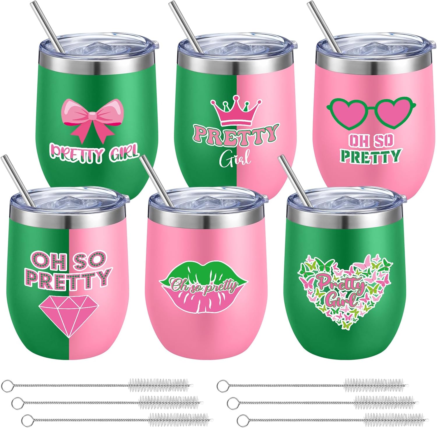 Geiserailie 6 Pack Pink and Green Sorority Gifts for Women Sisterhood Wine Cup 12 oz Stainless Steel Tumblers with Lid and Straw Pretty Girl Gift for Graduation Sisterhood Events Sorority Party Favors