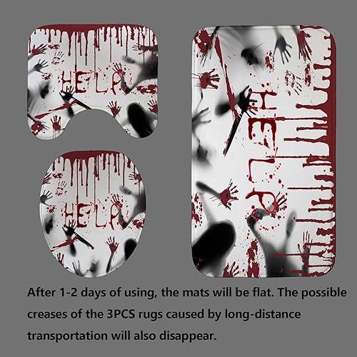 Miniatura 4 de 4PCS Halloween Shower Curtain Sets with Rugs, Bloody Handprint Shower Curtain, Waterproof Fabric White Shower Curtain, Gothic Spooky Scary Bloody