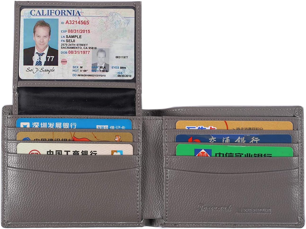 Mens Wallets RFID Blocking Genuine Leather Card Holder Slim Bifold Flip up ID Window (Grey 2 ID All RFID Blocking)