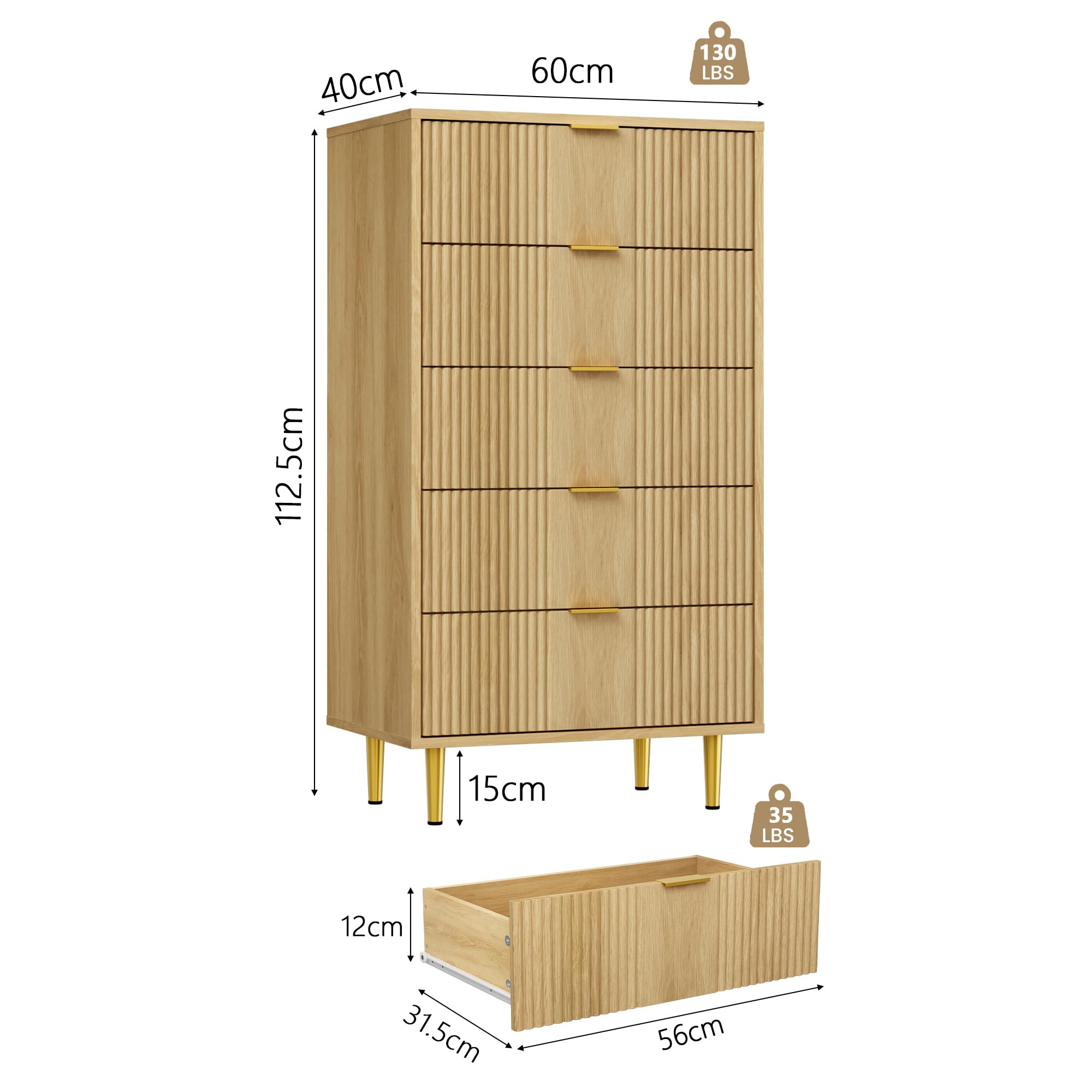 Garvee Kommode Mit 5 Schubladen, Komodenschrank, Schubladenschrank, Wäschekommode, Für Schlafzimmer Möbel Für Wohnzimmer Büro Flur,Eiche,60 x 40 x 112 cm