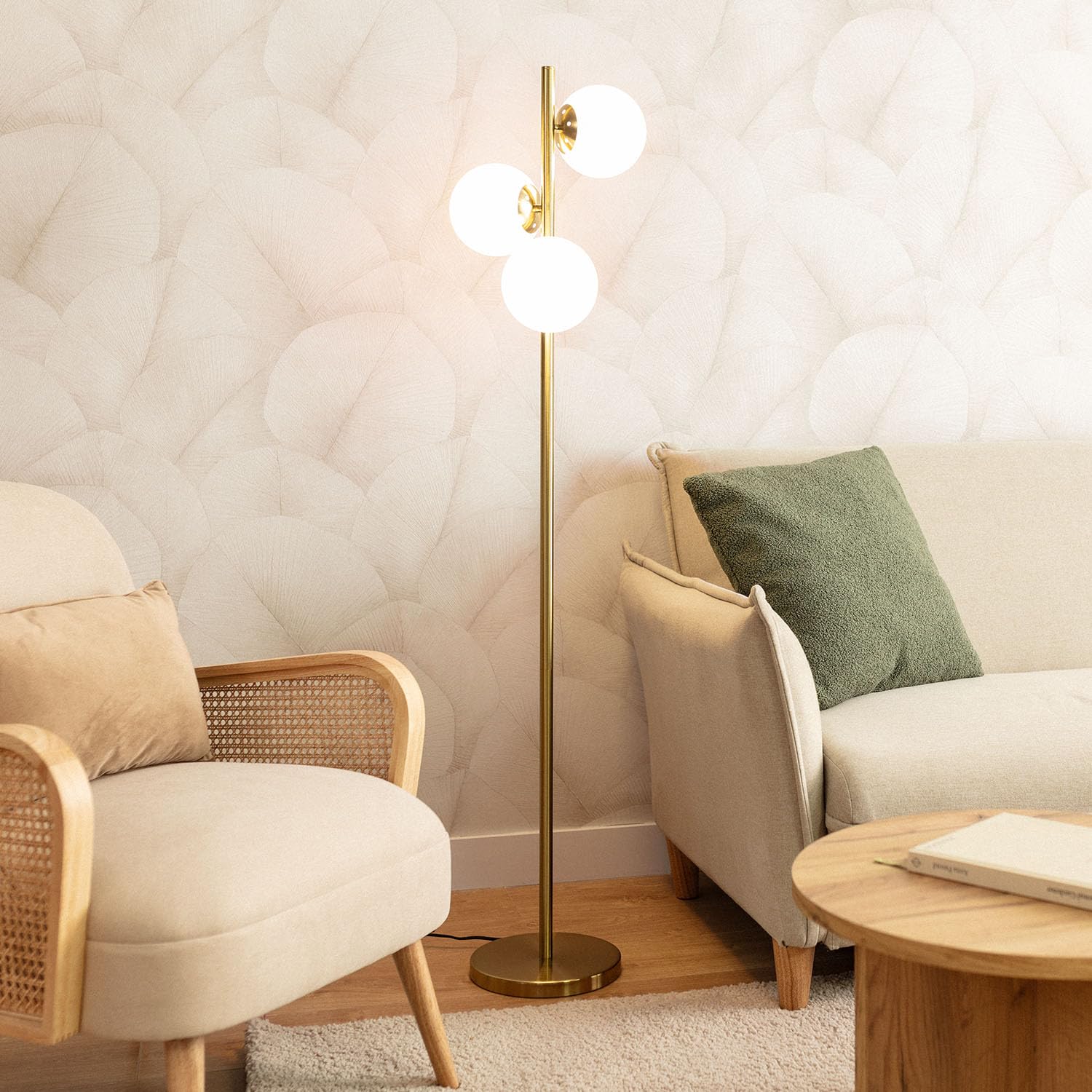 LEDKIA Lámpara de Pie Metal y Cristal Moonlight Brass Round 3 Focos Dorado