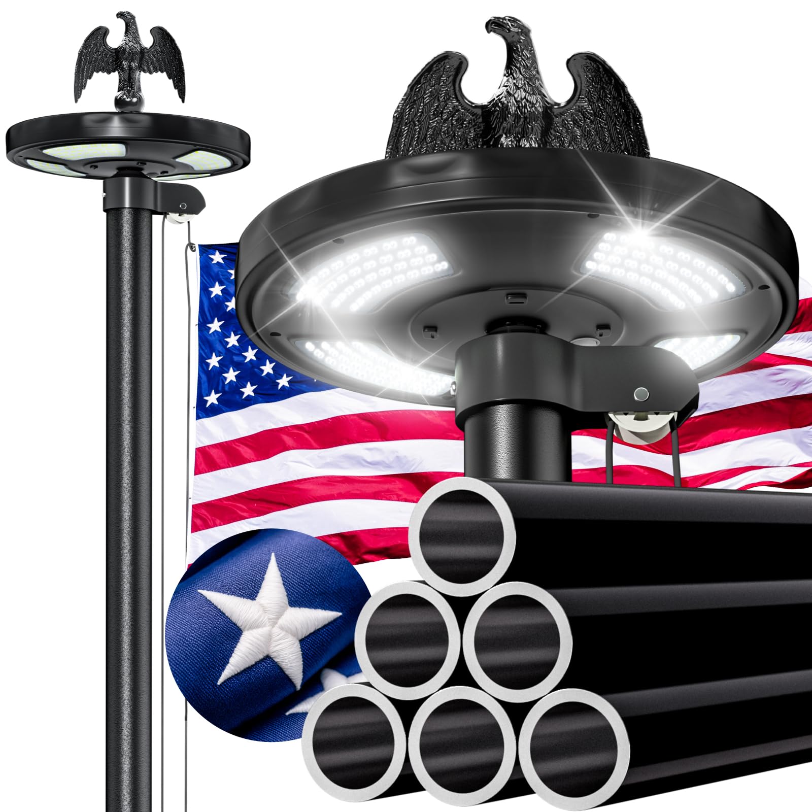 Photo 1 of POOAMY 20FT Heavy Duty Flag Pole with Solar Light,12 Gauge Extra Thick Aluminum Flagpole Kit, Residential Flag Pole for Outside House in Ground, with 3x5 American Flag for Outdoor Commercial Use,Black