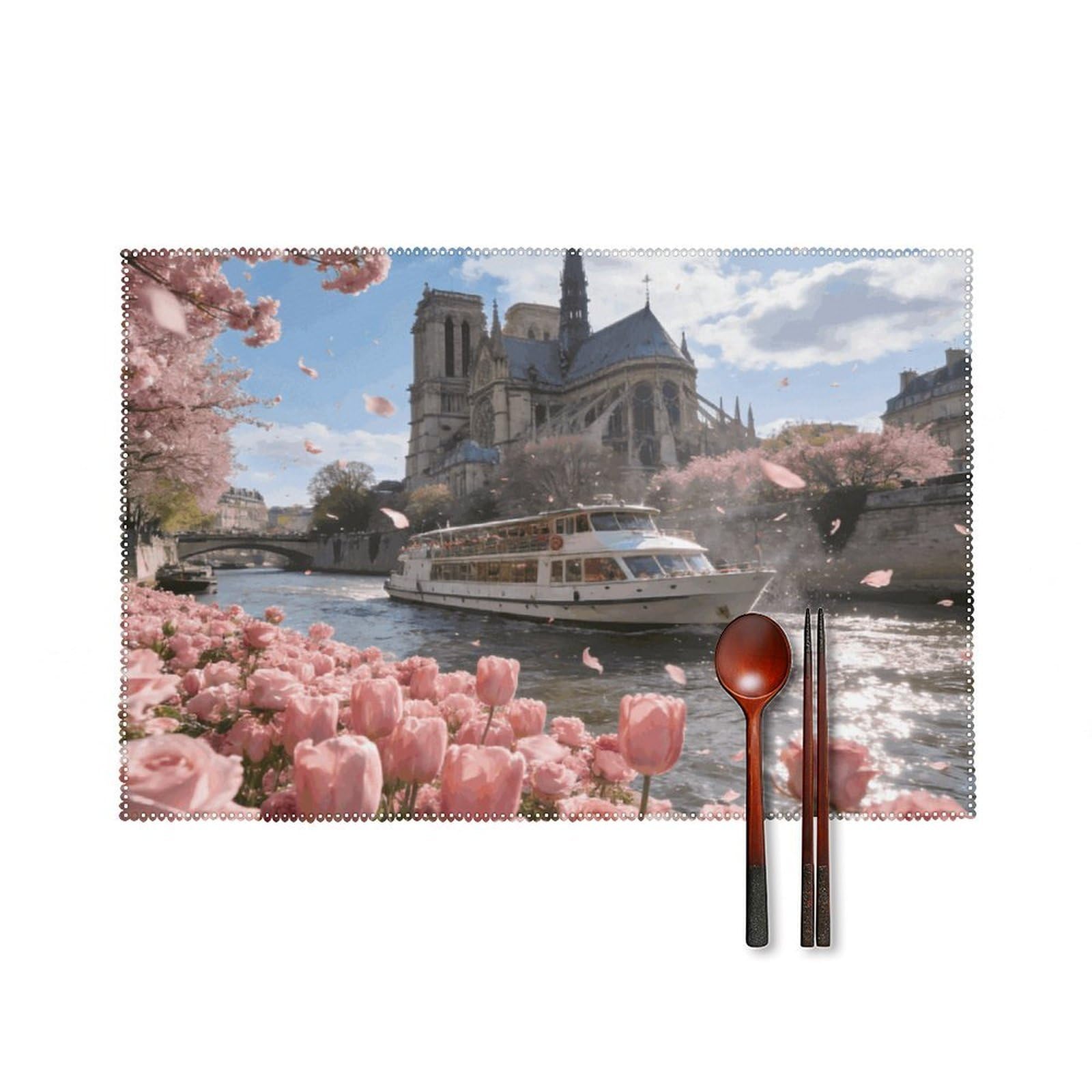 Pink Parisian Bloom Placemats Set of 6, 12x18 Inch Heat Resistant Washable Canvas Table Mats, Stain Resistant Decorative Dining Placemats for Kitchen, Restaurant, Outdoor Party