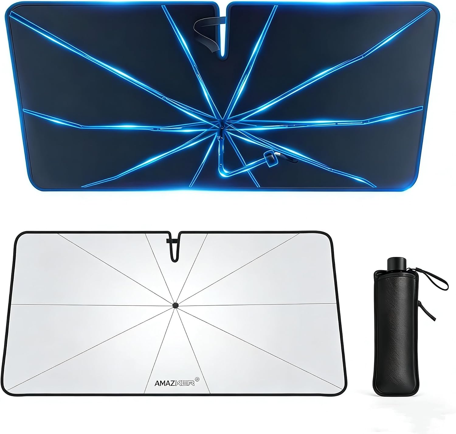 [2026 Upgrade] Car Windshield Sun Shade Umbrella - [10 Fiberglass Ribs][360° Bendable][100% Sun Block] [240T Thickened Titanium Silver ] Ice-Shield Protect Car from Sun Rays Heat Damage 57" x 31"