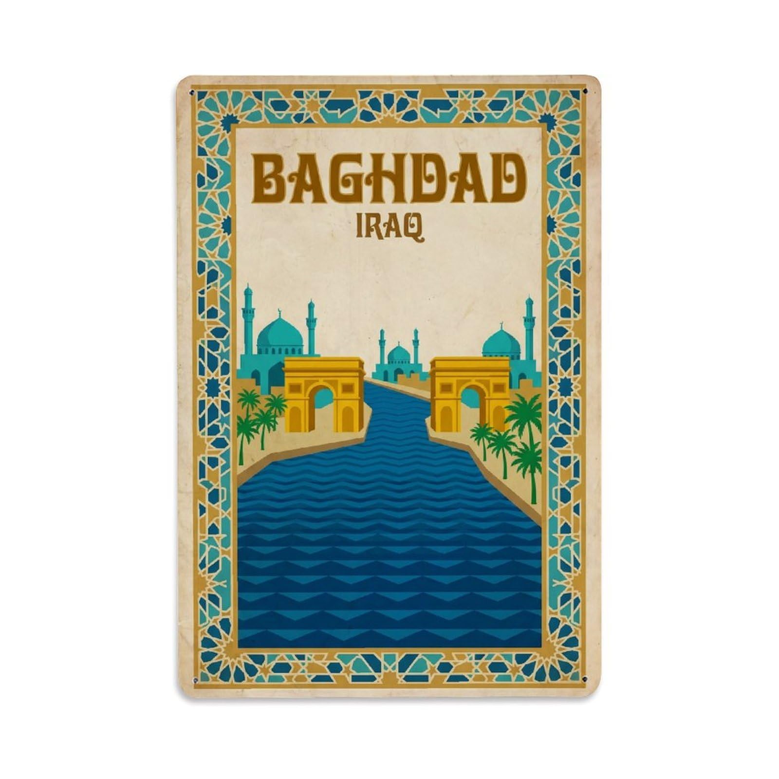 Vintage Travel Iraq Baghdad Metal Tin Sign Plaque Wall Decor for Cafe, Club Bar, Office, Garden Metal Poster 8x12Inch