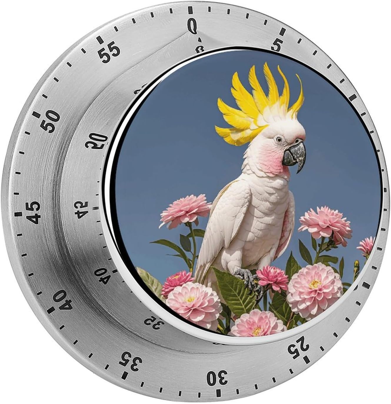 Beautiful Cockatoo Bird Flower Timer Stainless Steel Kitchen Timers Waterproof & Rust-Proof 60 Minute Mechanical Timer with Loud Alarm for Cooking, Baking, Fitness