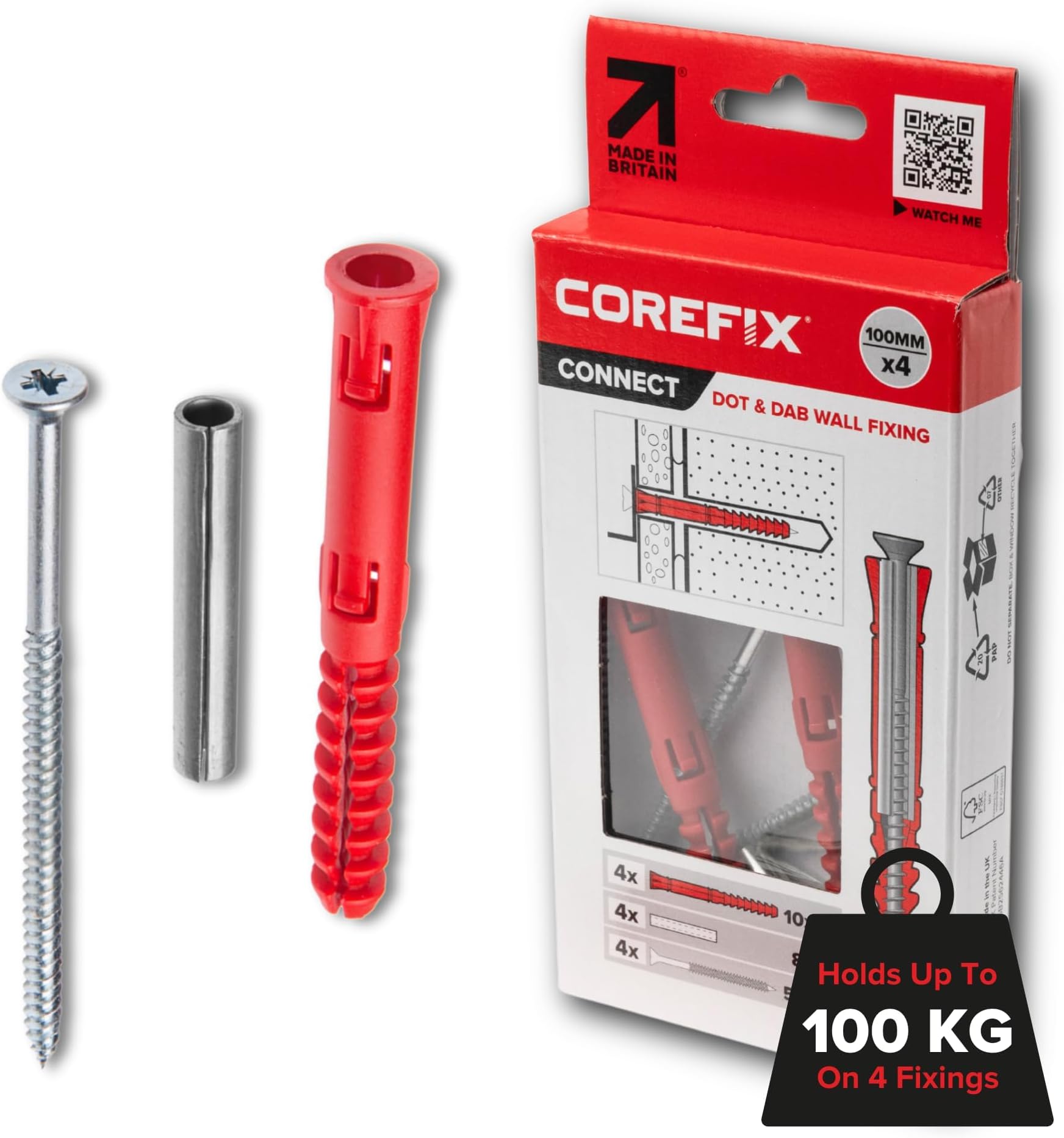 100mm Heavy Duty Dot & Dab Wall Fixings - Plasterboard Over Blockwork Wall Plugs & Screws - for TVs, Radiators, Shelving & More - Holds 100kg on 4 fixtures - Reinforced Steel Core - 4 Pack