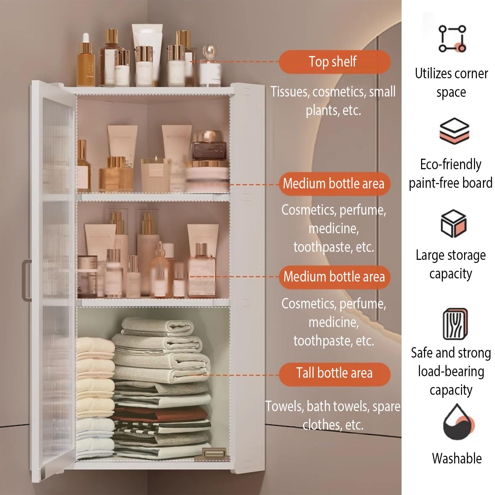 Badezimmer-Holzschrank, 3-stöckiges Eckregal für Küche und Badezimmer, schmaler Wandschrank, Organizer, Etagenspind mit einer Tür (25 x 25 x 70 cm)