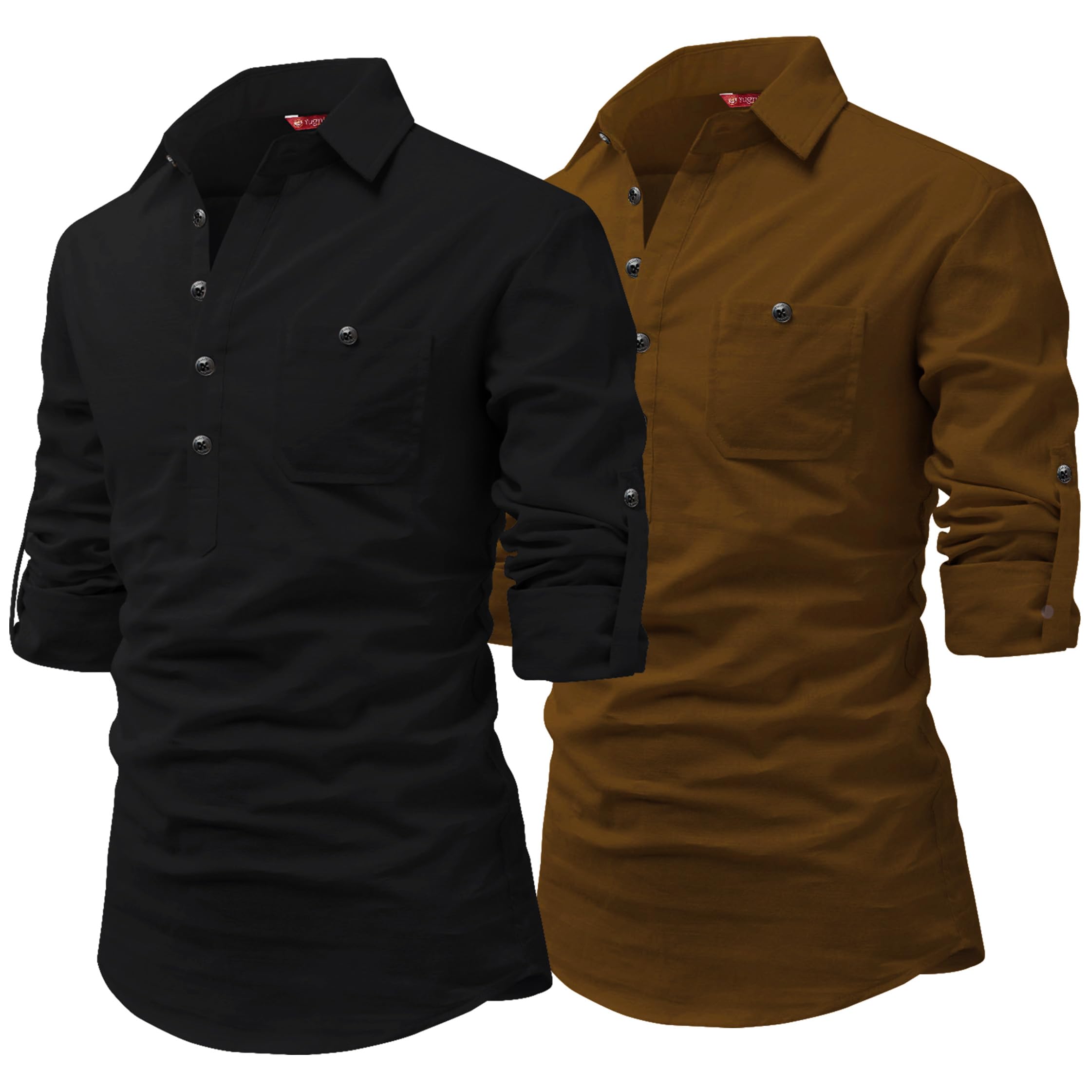 yugnik Men's Slim Fit Spread Collar Beige Color Pure Cotton Short Kurta Pack 2-picture-47