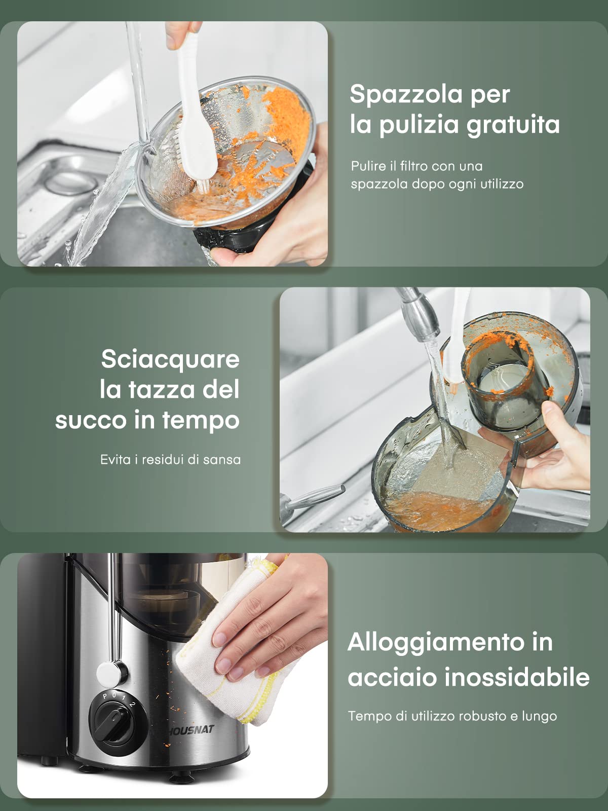 Centrifuga Frutta e Verdura HOUSNAT, 400W Estrattore Frutta e Verdura con 3 Velocità, 65 MM Bocca Grande Scivolo di Alimentazione da, Base Anti-Scivolo, Facile Pulizia, Includi Spazzola, Senza BPA