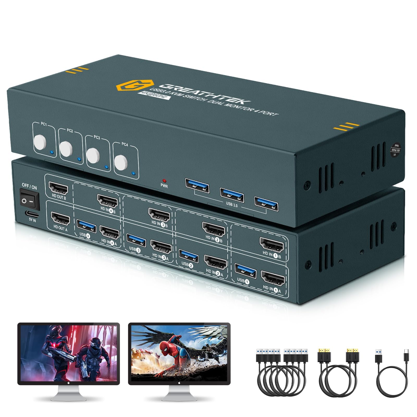 Snapklik.com : HDMI KVM Switch 4 Computers 2 Monitors, 3 USB3.0 4 Ports ...