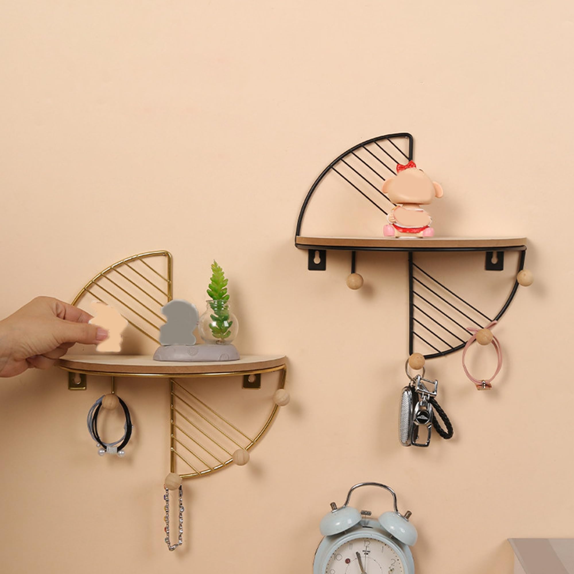 Estante de pared con ganchos, organizador flotante de madera para entrada, estante de almacenamiento de estilo nórdico para llaves, bolsos, abrigos, accesorios de baño y decoración del hogar