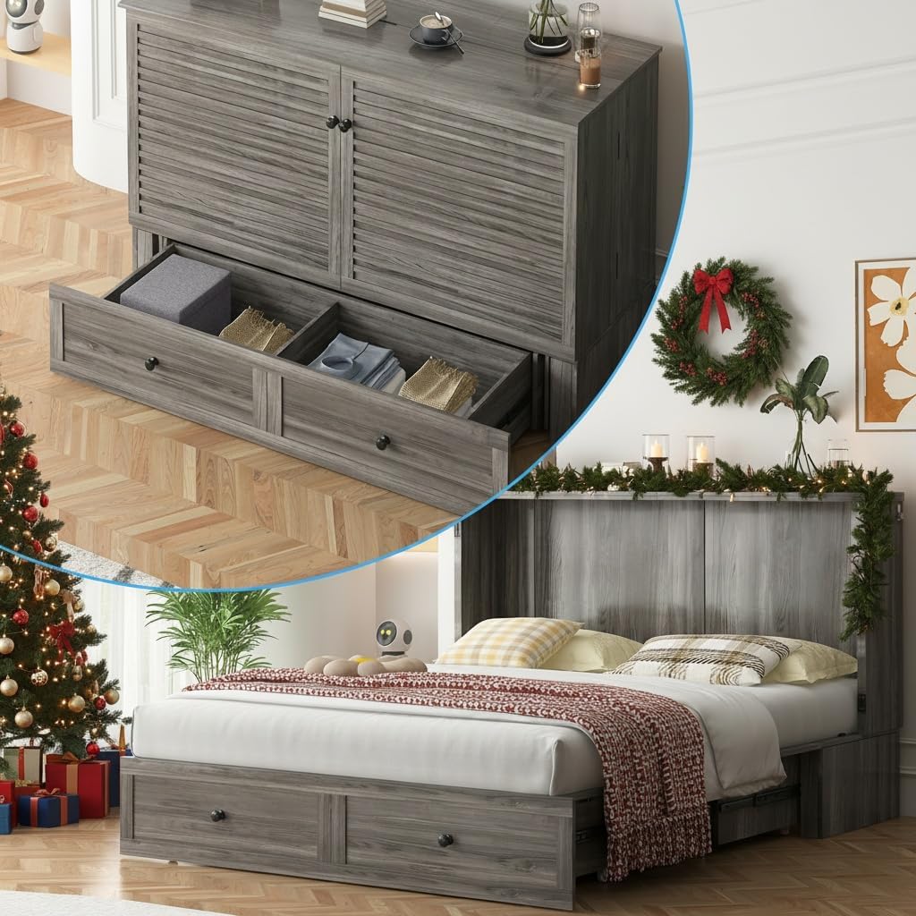 Mjkone Queen Murphy Bed Cabinet with Folding Mattress, Chest Cabinets Wall Beds with Storage Drawer and Built in Sockets & USB Ports, Sleeping Arrangement for Multipurpose Guest Room Home Office, Grey