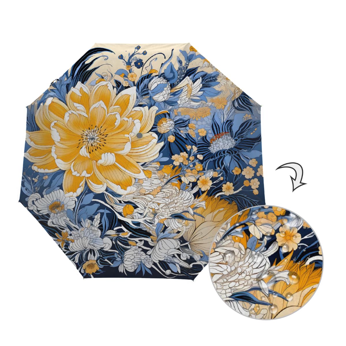 Ombrello pieghevole vintage con fiore di peonia ombrello da viaggio compatto antivento impermeabile con protezione UV rivestimento nero leggero 8 coste portatile per pioggia sole