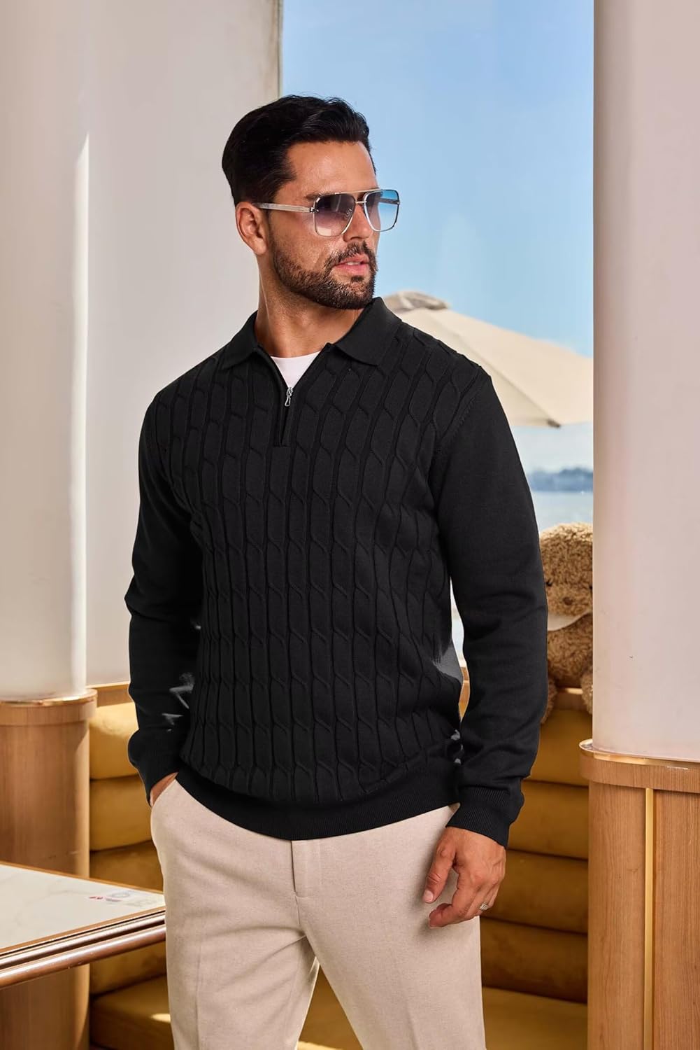 Mens Polo Sweaters Quarter Zip Long Sleeve Knit Polos Lightweight Casual Pullover Sweater - Image 7