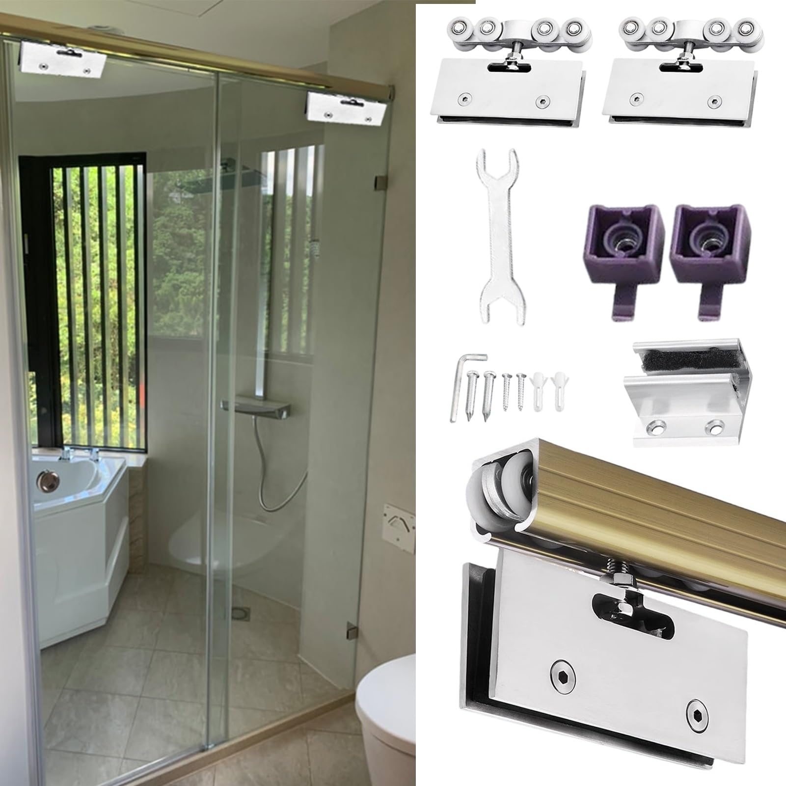 YDHSIKK Glass Sliding Door Track, Glass Sliding Door Track Ceiling Mount Hardware Kit With Rollers Multicolor 50-400 cm(Champagne,260cm/102.4in)