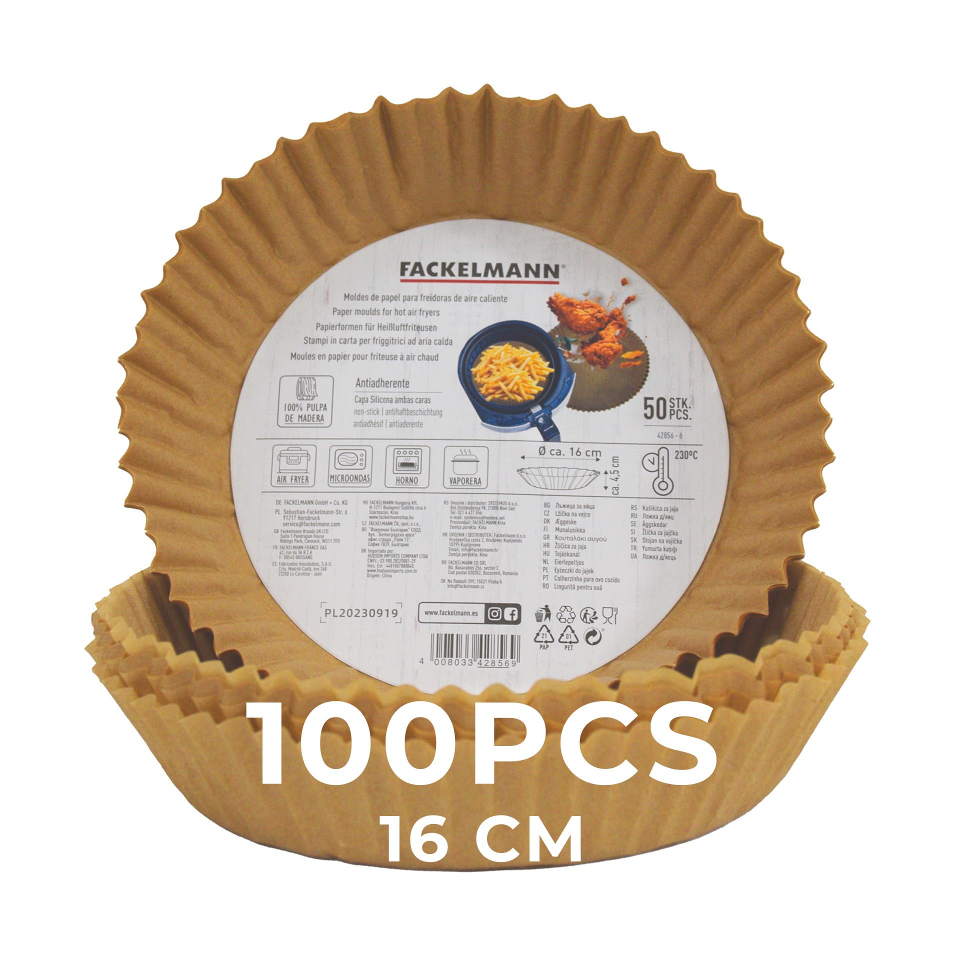 Fackelmann Bandejas de Papel para Freidora de Aire, Papel Air Fryer Redondo, Antiadherente y Resistente hasta 230ºC, Accesorios Freidora de Aire, 20x4,5 cm, Apto para Cosori, Cecotec y más, 100 uds.