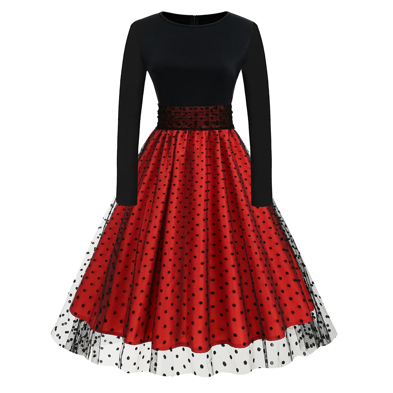 Robe trapèze vintage années 50 et 60 à manches longues en tulle à pois pour femme, robe de cocktail, automne et hiver