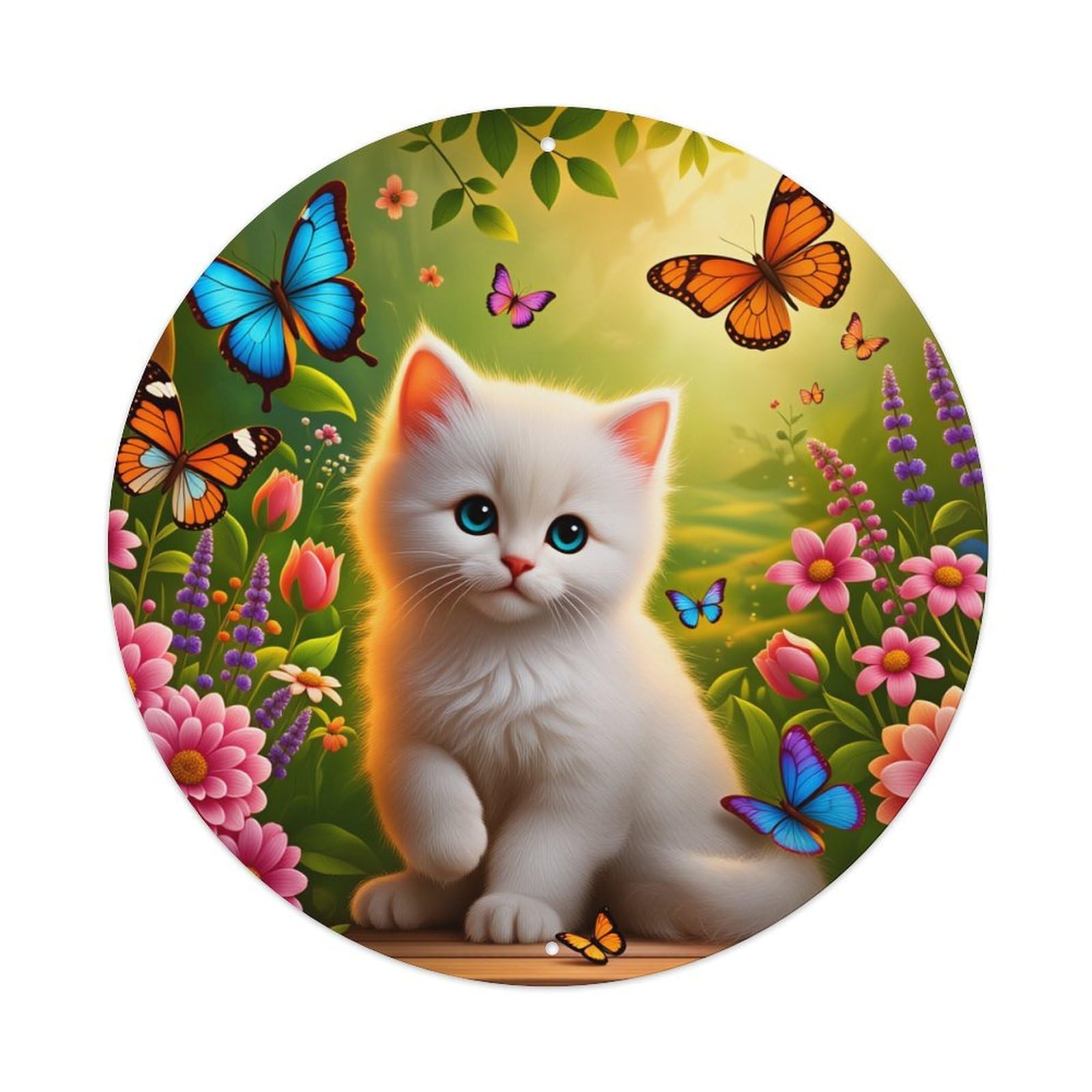 Cute Kitten Butterflies Flowers Garden Round Tin Sign Vintage Style Metal Sign Home Bar Garden Wall Plaque Decor Metal Poster 8x8 Inch