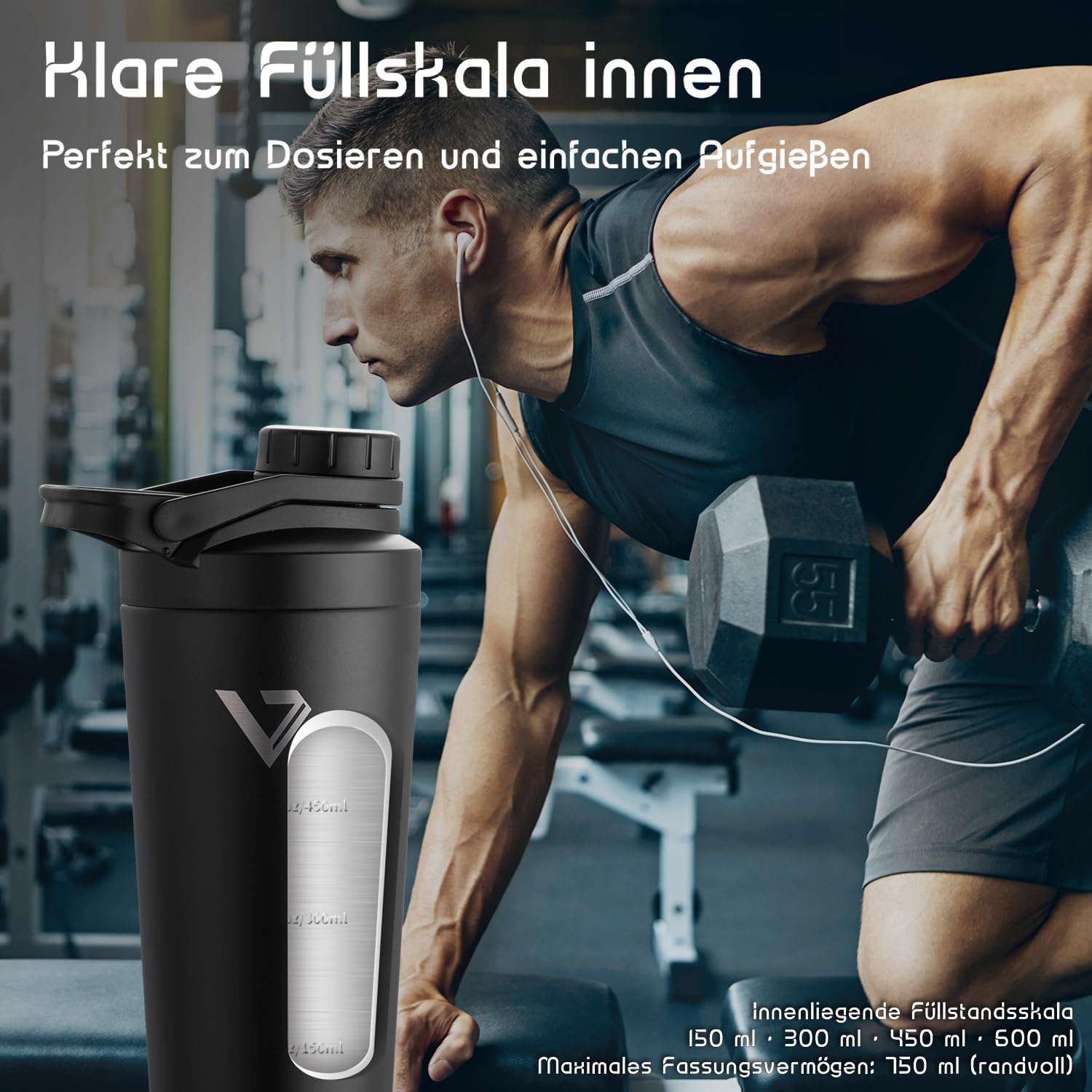 VETIN Thermo Protein Shaker, Proteinshake Edelstahl 750 ml | Doppelwandige Isolierung, Integrierte Messskala, Auslaufsicher, Abnehmbares Deckel-Sieb, für Fitnessstudio oder Outdoor-Sport