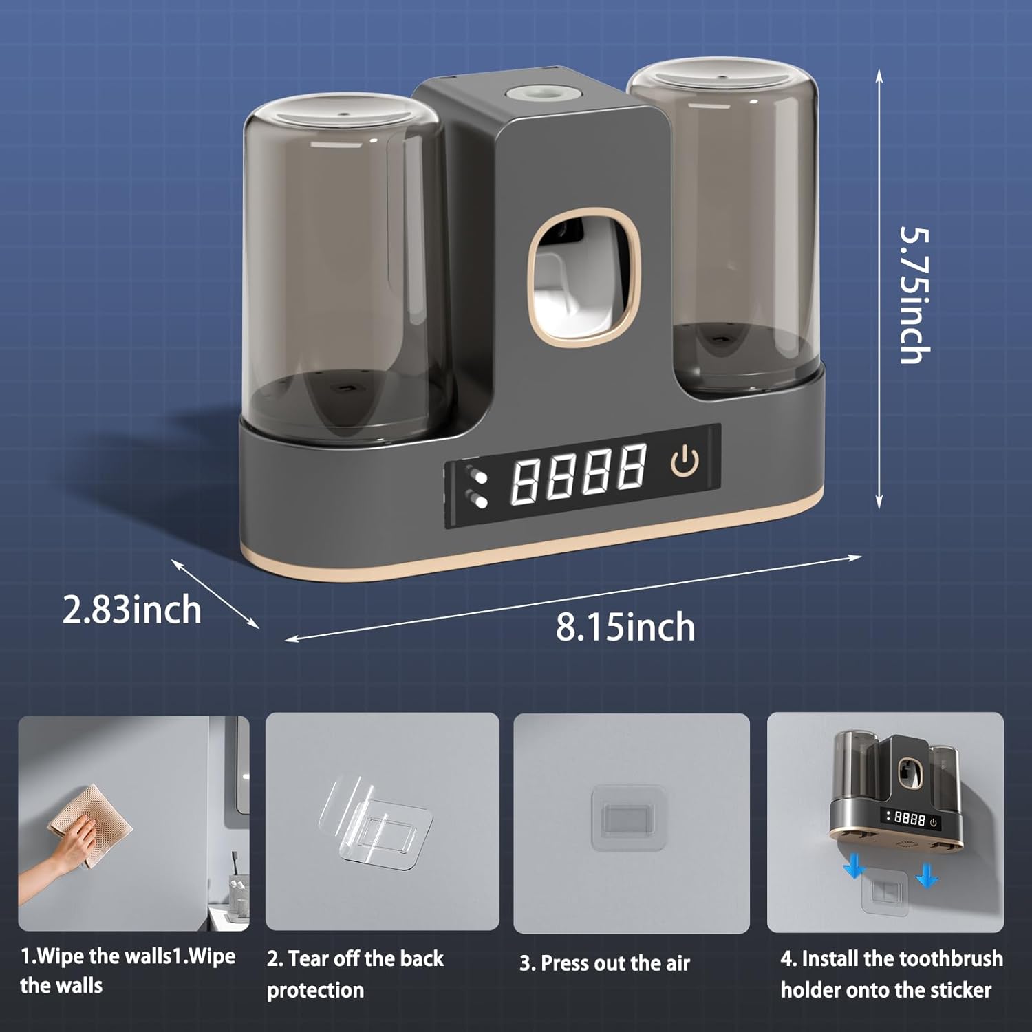 Electric Toothbrush Holders for Bathrooms, Dustproof Smart Toothbrush Holder Wall Mounted - 4 Brush/2 Cup, Auto Toothpaste Dispenser, Hot Air Drying & LCD Display,Toothbrush Cleaner (Gray) - Image 7