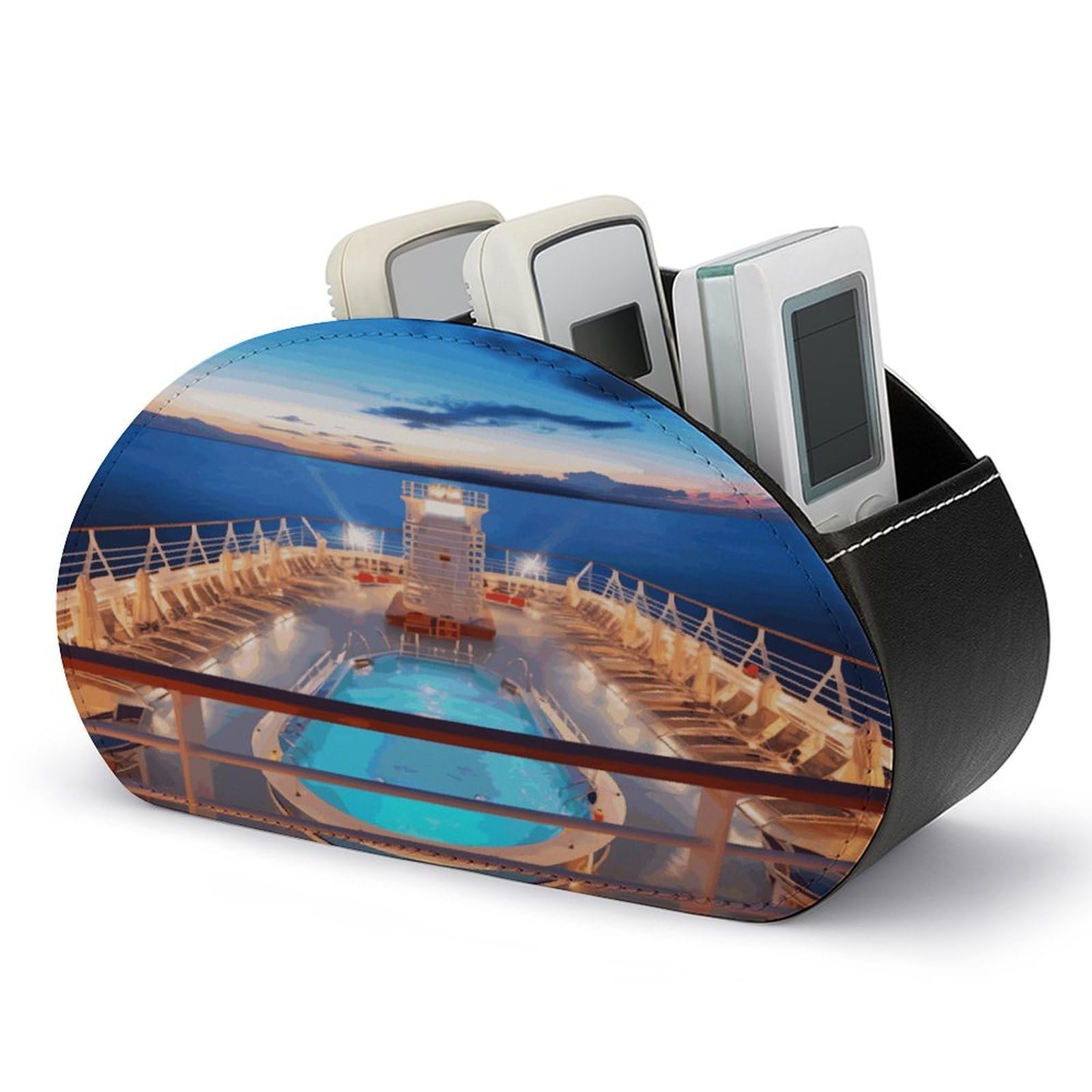 FodPand Pool Party Cruise Ship Remote Control Holders PU Leather Remote Caddy Desktop Organizer with 5 Compartments TV Remote Holder Box Tray for Bedside Table Office Desk Accessories&Gift