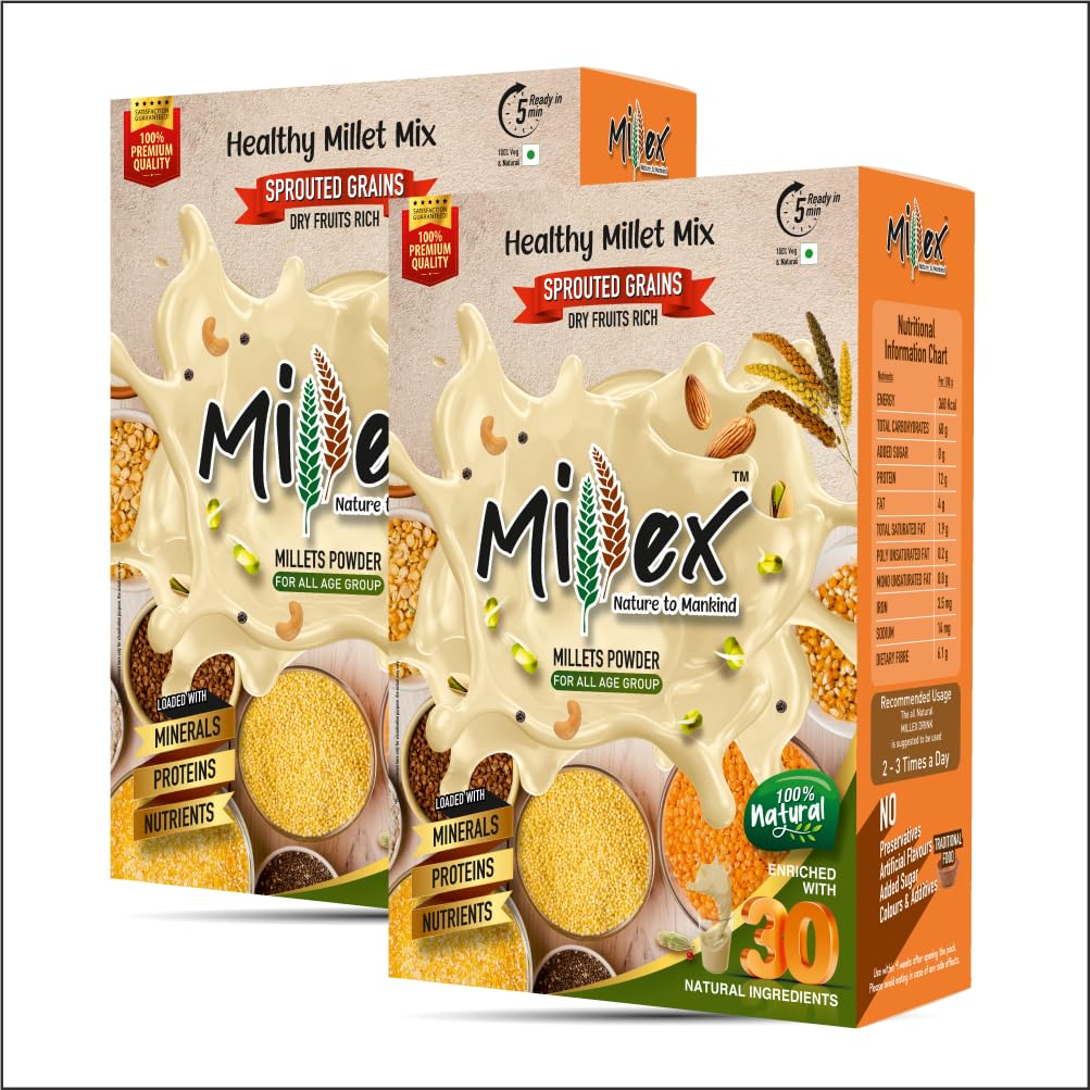 Millex Millet Healthy Mix 2 kg | 30 Natural Nutrition Ingredients | Sprouted Cereals,Nuts, & Pulses |No Sugar Organic Multigrain Nutrition Drink | |Porridge Mix (Pack of 2)