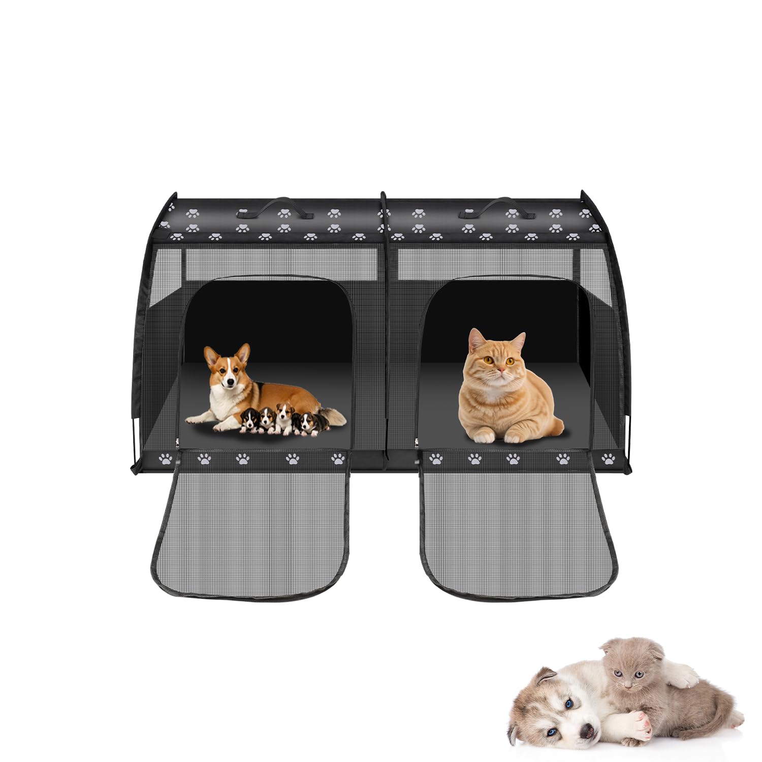 折りたたみペットサークル 折りたたみ 猫 犬 サークル 折りたたみ 長方形 室内 屋外兼用 丈夫設計 猫 サークル 持ち運 軽量 通気性 折り畳み 犬 猫 犬 車用ケージ 2匹 小動物 おしゃれ シートベルト 固定 収納バッグ付き 組み立て簡単 省スペース 室内 お出かけ 旅行 (ブラック)