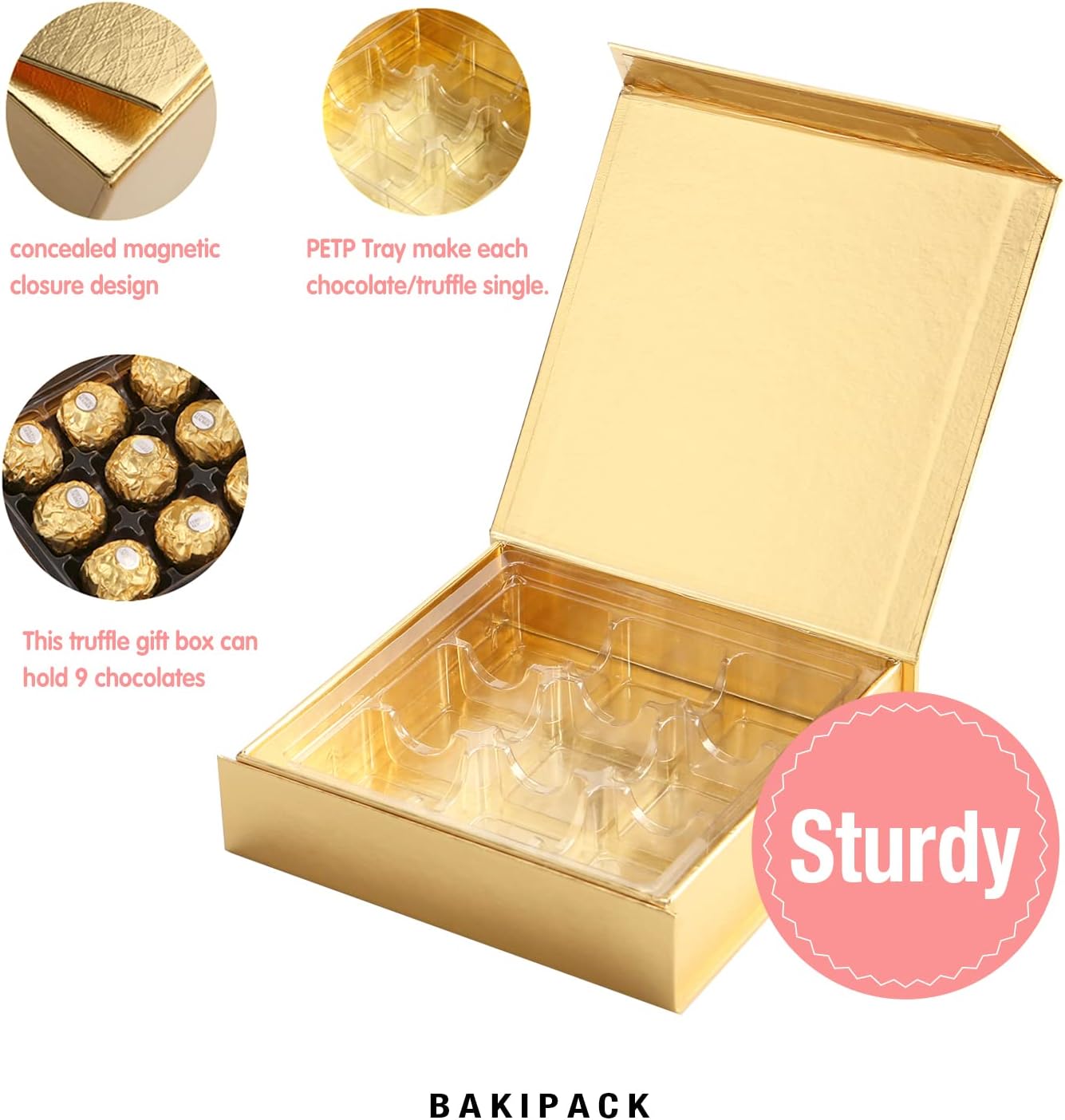 6 Truffle Boxes, Chocolates Boxes, Gold Truffle Gift Boxes Packaging with 9-Piece Plastics Tray, Magnetic Closure Lid 5.7x5.7x1.3 Inches