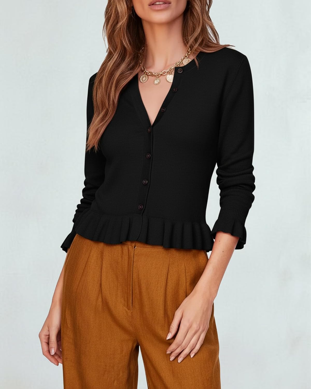 Womens Ruffle Cardigan Sweaters Fashion Long Sleeve Button Down Knit Peplum Cardigan Tops - Image 3