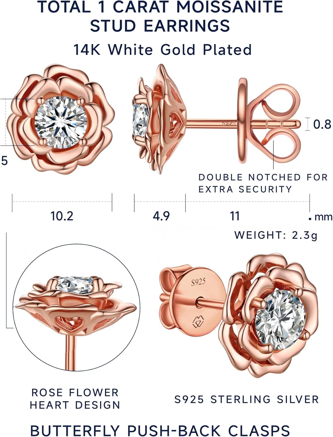 MomentWish 14K Gold Plated Stud Earrings, Birthday Gifts for Women, 1-2 Carat Moissanite Earrings, Lab Created Diamond Earring, Yellow/Rose Gold Plated 925 Sterling Silver Earring Jewelry Women Men - Image 6