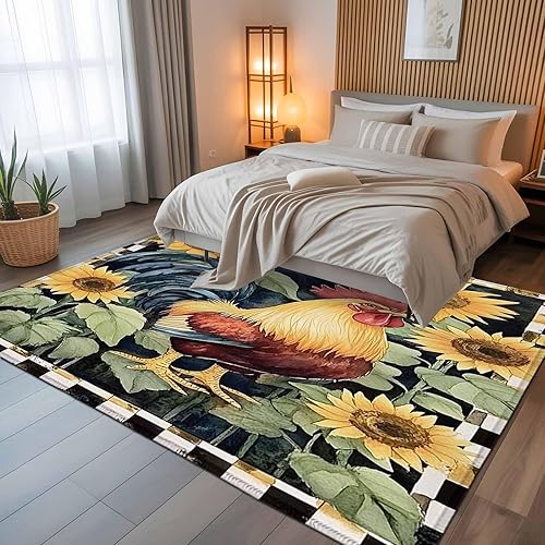 Miniatura 5 de 5x7 Area Rugs, Sunflower Retro Rooster Non-Skid Rubber Backing Large Rectangle Rugs - Living Room Bedroom Home Office, Farmhouse Animals Watercolor