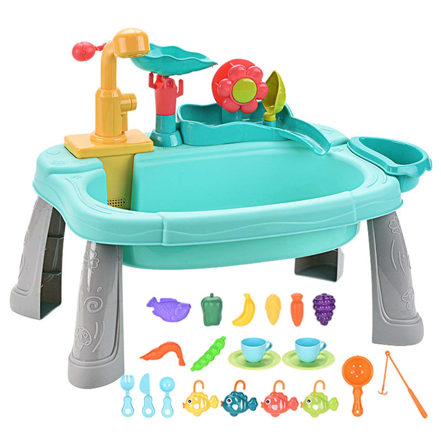 Toddler Play Sink with Running Water, Circulated Rotary Faucet Flower Waterwheel Electric Cartoon Summer Kids Toys for Fishing Game Pretend Play