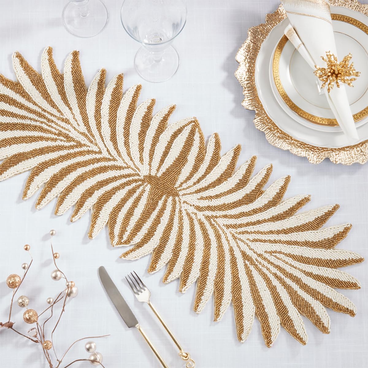 Fennco Styles Hand Beaded Tropical Leaves Table Runner 12" W x 33" L - Gold Palm Leaf Table Cover for Home Décor, Holidays, Family Gatherings, Banquets, and Everyday Use