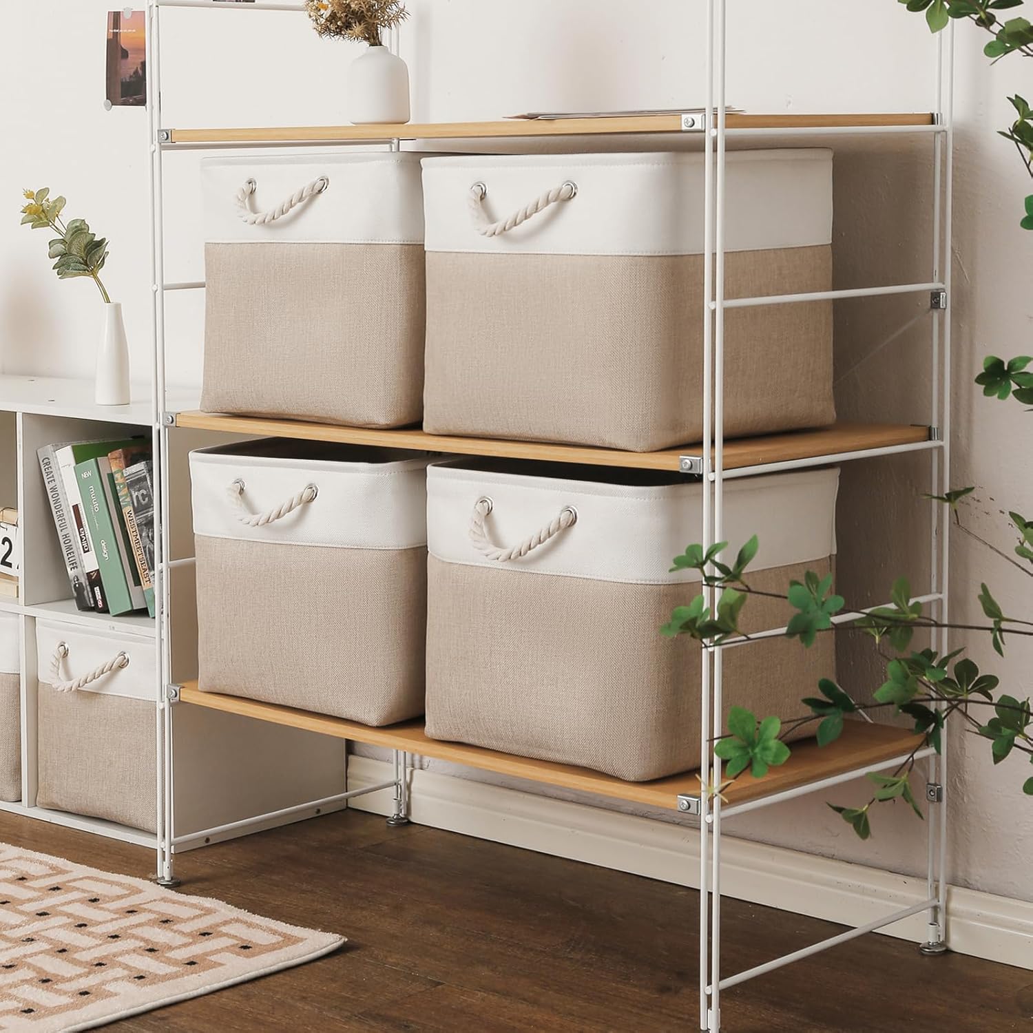 13×15×13 Inch Storage Cubes,6 Pack Cube Storage Bins for Shelves,Fabric Collapsible Storage Bins with Handles, Foldable Storage Basket for Organizing Clothes,Books (White&Beige,13"x15"x13")