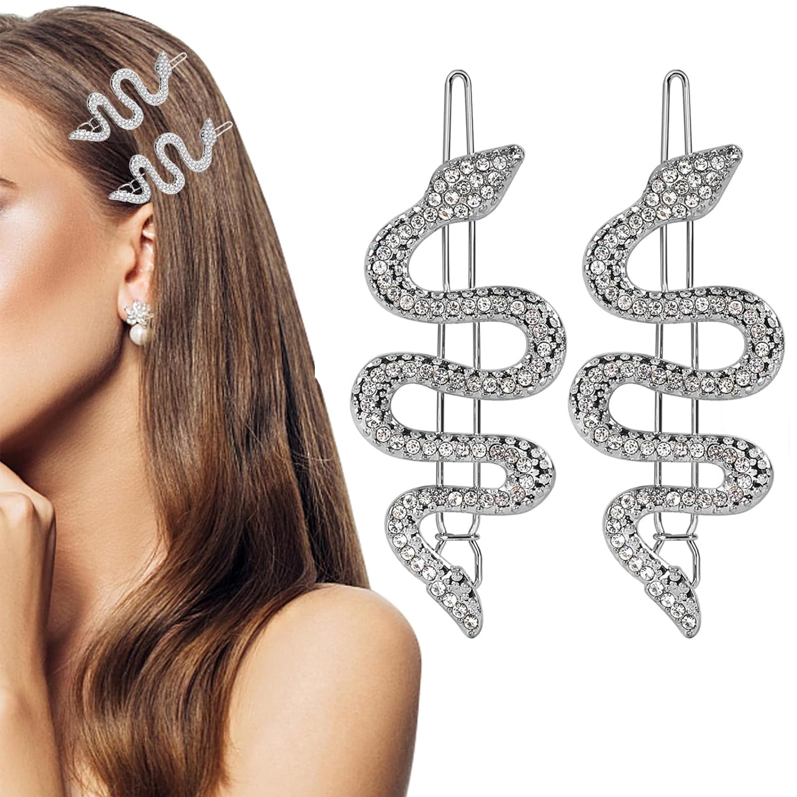 ACTIMED 2PCS Sparkly Rhinestone Snake Hair Clips, Silver Hair Clip, Metal Alloy Snake Hair Pins and Barrettes, Women's Hair Jewelry Accessories and Headdress (Silver).