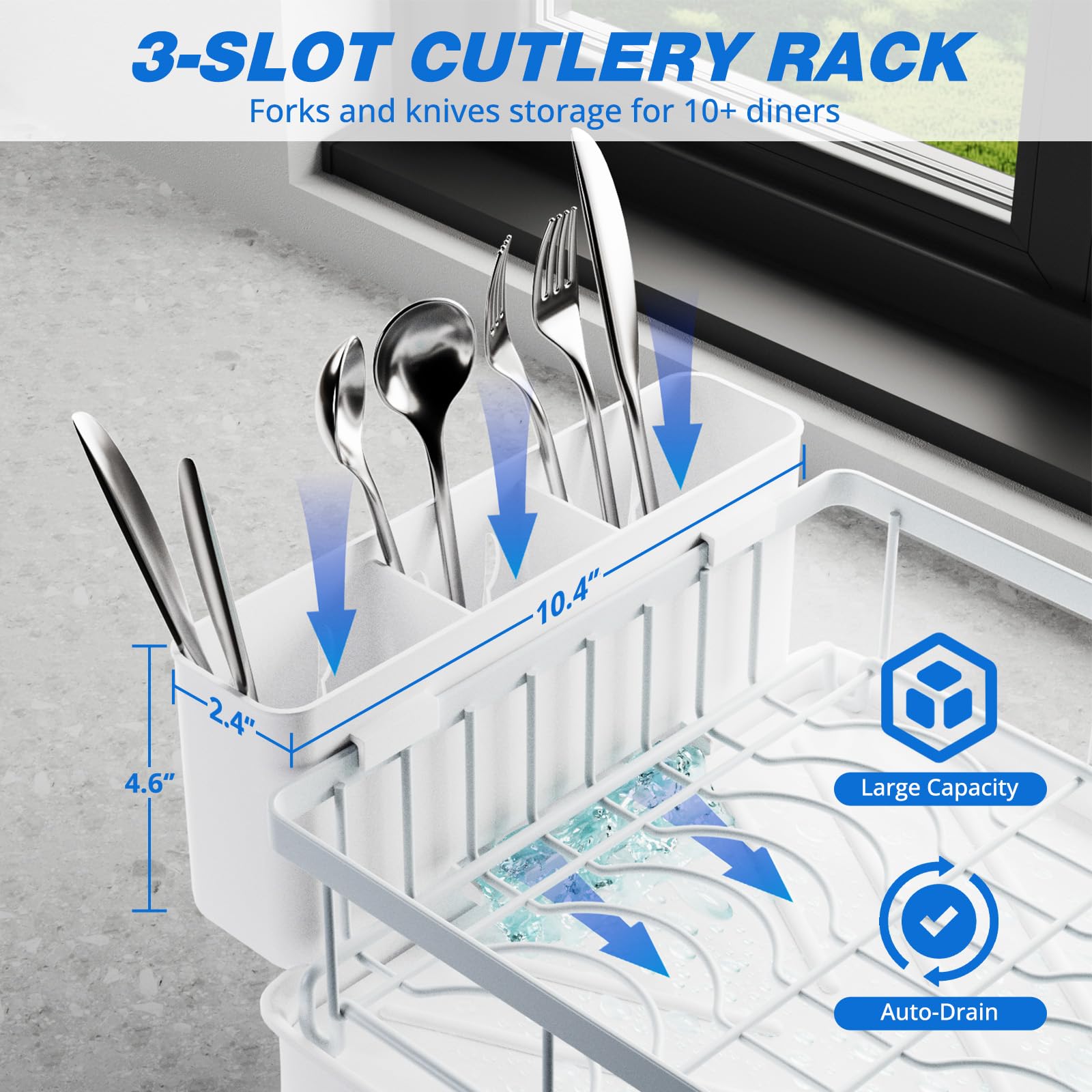 Godboat Égouttoir à vaisselle à 2 niveaux avec drainage automatique et tapis, égouttoir à vaisselle pour comptoir de cuisine, égouttoir à vaisselle avec couteau, fourchette et porte-gobelets, cadeaux