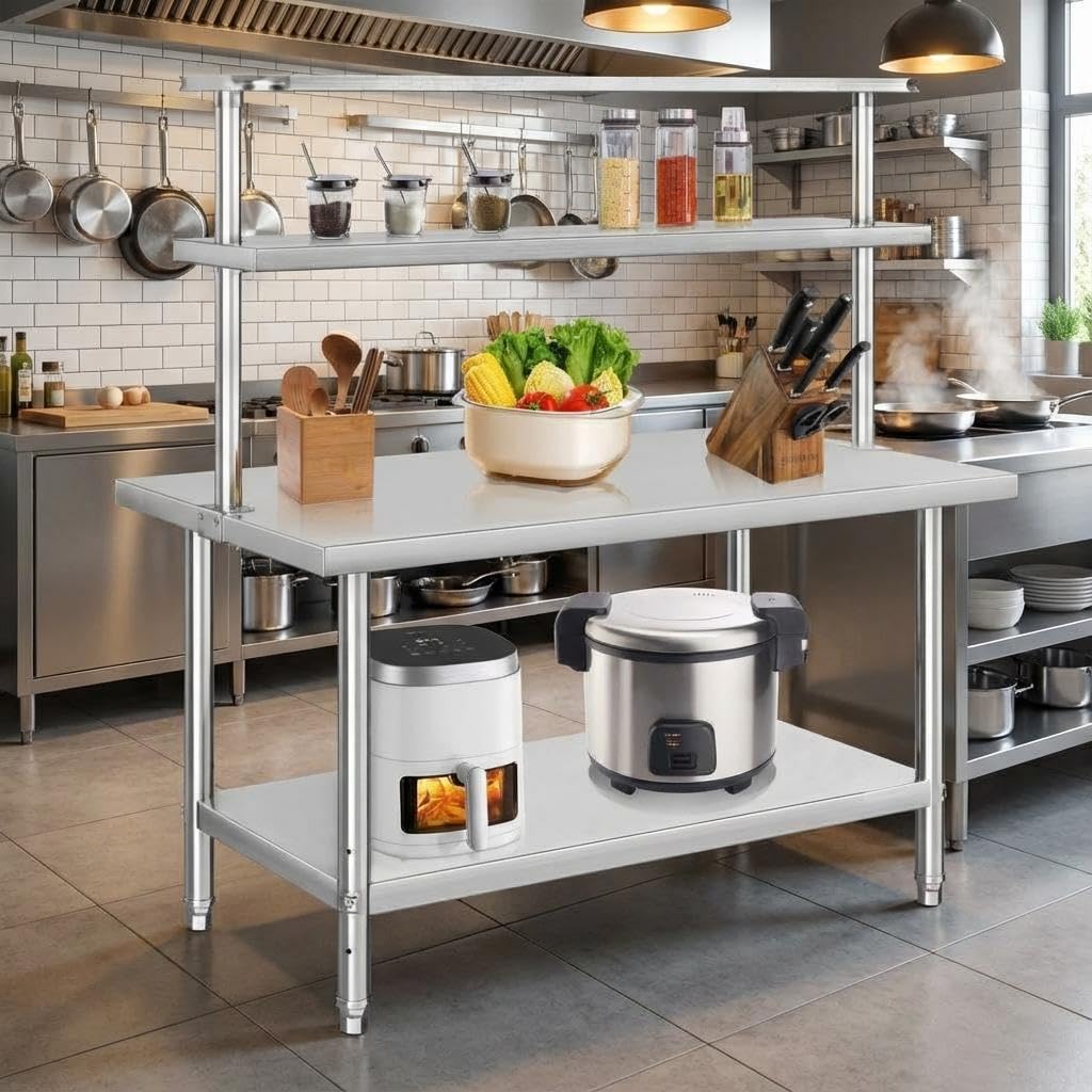 Stainless Steel Work Table 76 x 61 cm with Overshelf & Adjustable Undershelf, NSF Certified Heavy Duty Commercial Catering Prep Bench, Ideal as Pizza Oven Table for Kitchen, Restaurant & Garage
