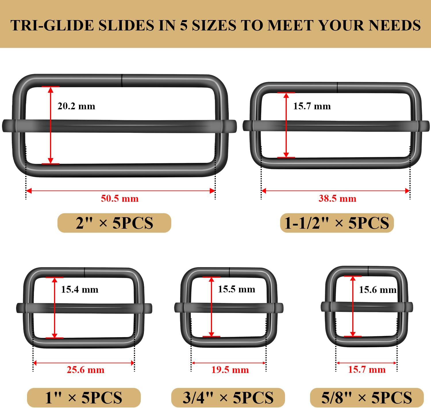 CooBigo Metal Adjustable Slide Buckles Tri-Glide Rectangle Adjuster Suspender Strap Slider for Purse Bag - Image 2