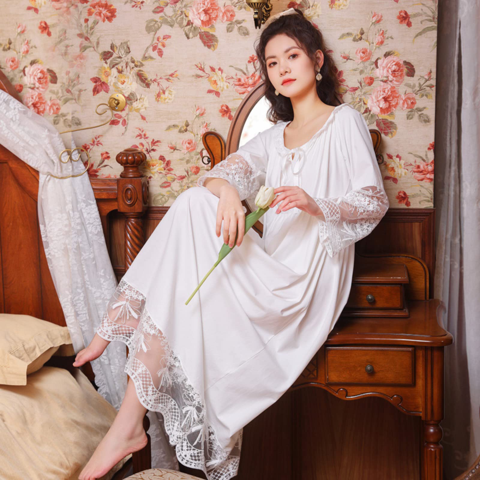 OFFSUM Camisón De Pijama De Mujer - Encaje Jacquard Algodón Ropa De Dormir Dulce Princesa Camisón Elegante Vintage Camisón Boda Primavera Verano Loungewear