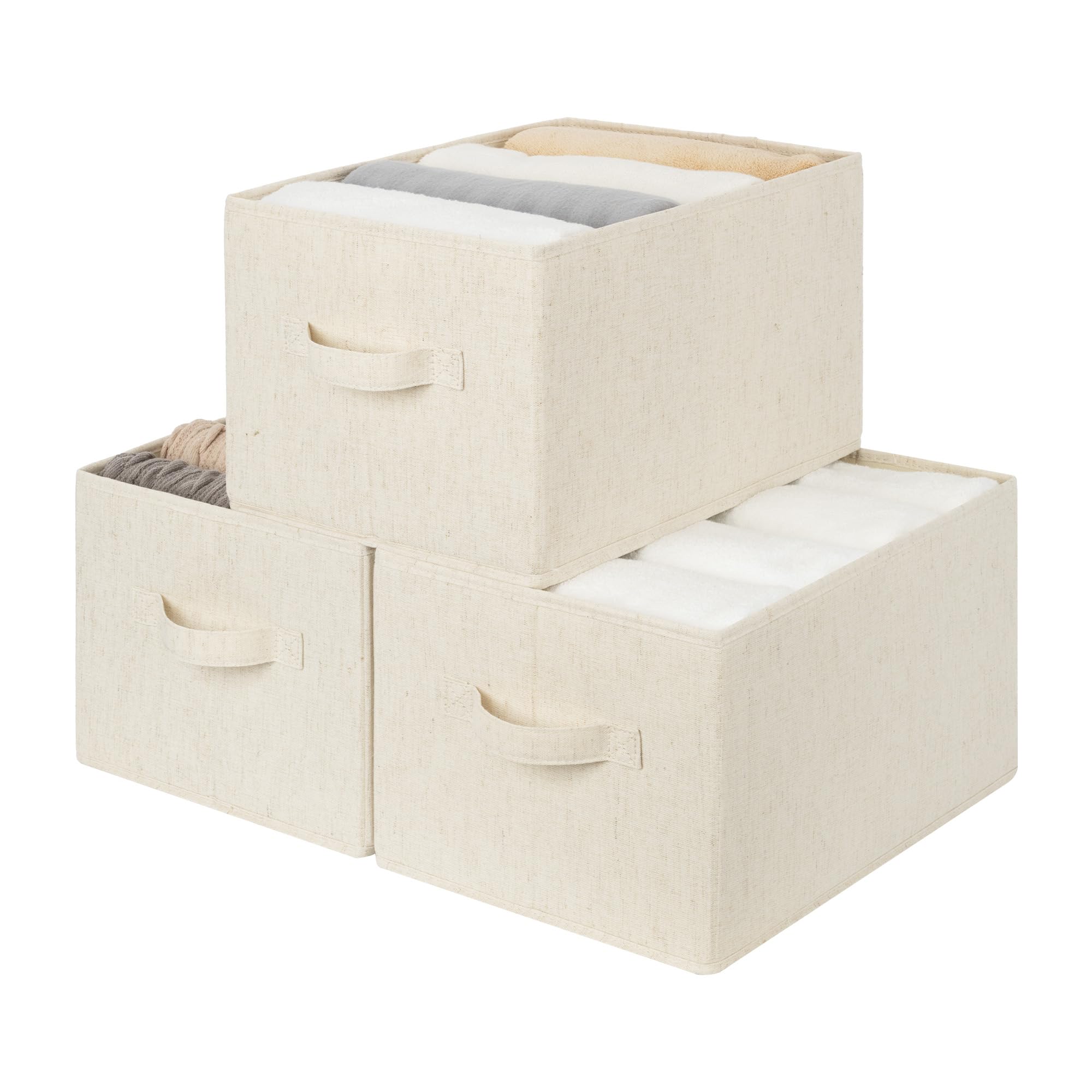 StorageWorks Storage Baskets for Shelves, Foldable Storage Boxes with Handles, Stackable Wardrobe Organiser Boxes, Fabric Storage Boxes Organising Clothes, Beige (Cotton-Linen), 3-Pack