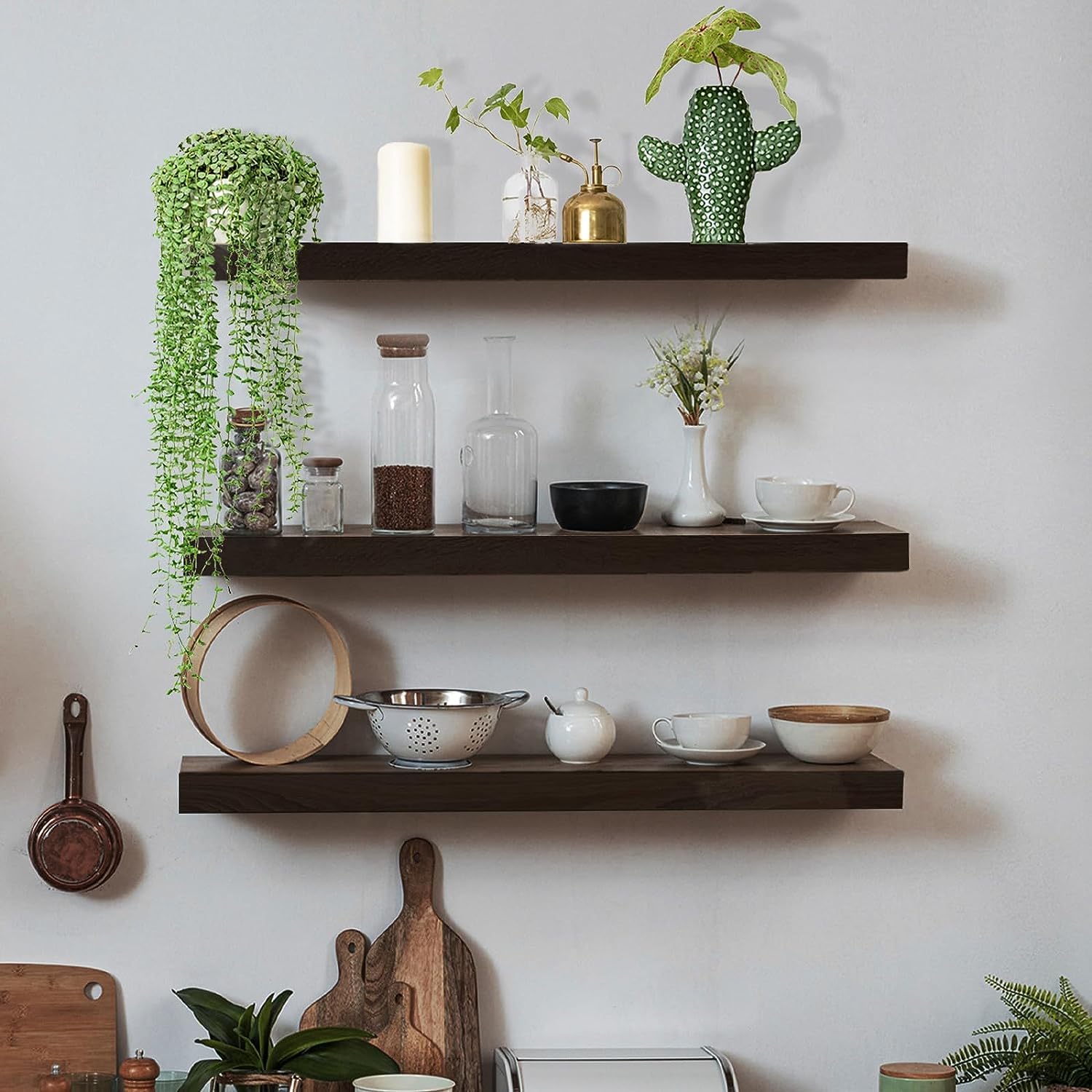 carpentray Wooden Floating Shelves Set of 3, Wall Mounted Rustic Shelves, Decorative Floating Shelf Length 40 cm, Wall Display Racks (Dark Brown)