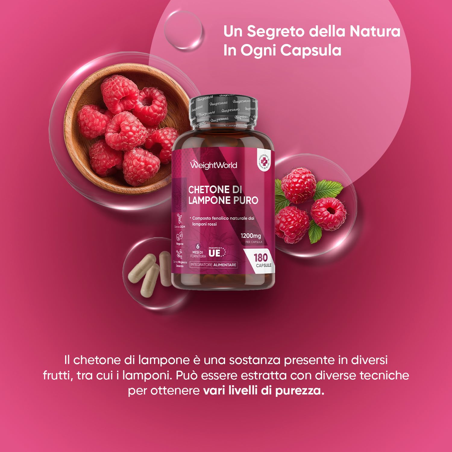 Chetoni Esogeni di Lampone Puro in 180 Capsule Vegane (6 Mesi di Fornitura), 1 al Giorno, Integratore Chetoni Estratto 20:1 (1200mg), Raspberry Ketone Pure, Privo di Magnesio Stearato, Senza Glutine