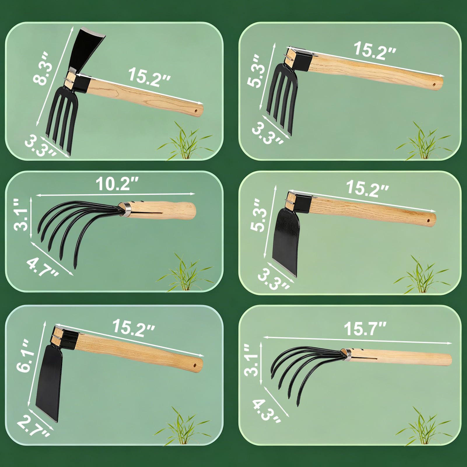 Juego de 6 azadas de jardín de mano, herramienta de deshierbe sólida, azada afilada y rastrillo de jardín cultivador con mango de madera, regalo ideal de jardinería para hombres y mujeres