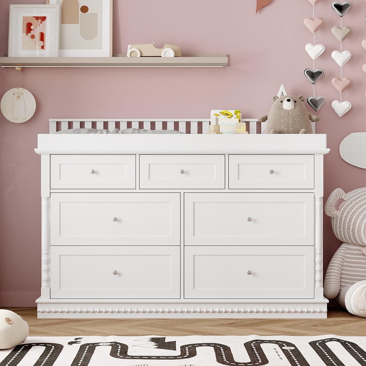 Baby Dresser with Changing Table for Nursery, Diaper Changing Dresser with 7 Drawers, Modern Chest of Drawers for Bedroom, Guard Board, Detachable Top, White, 19.3”D x 56.5”W x 40”H