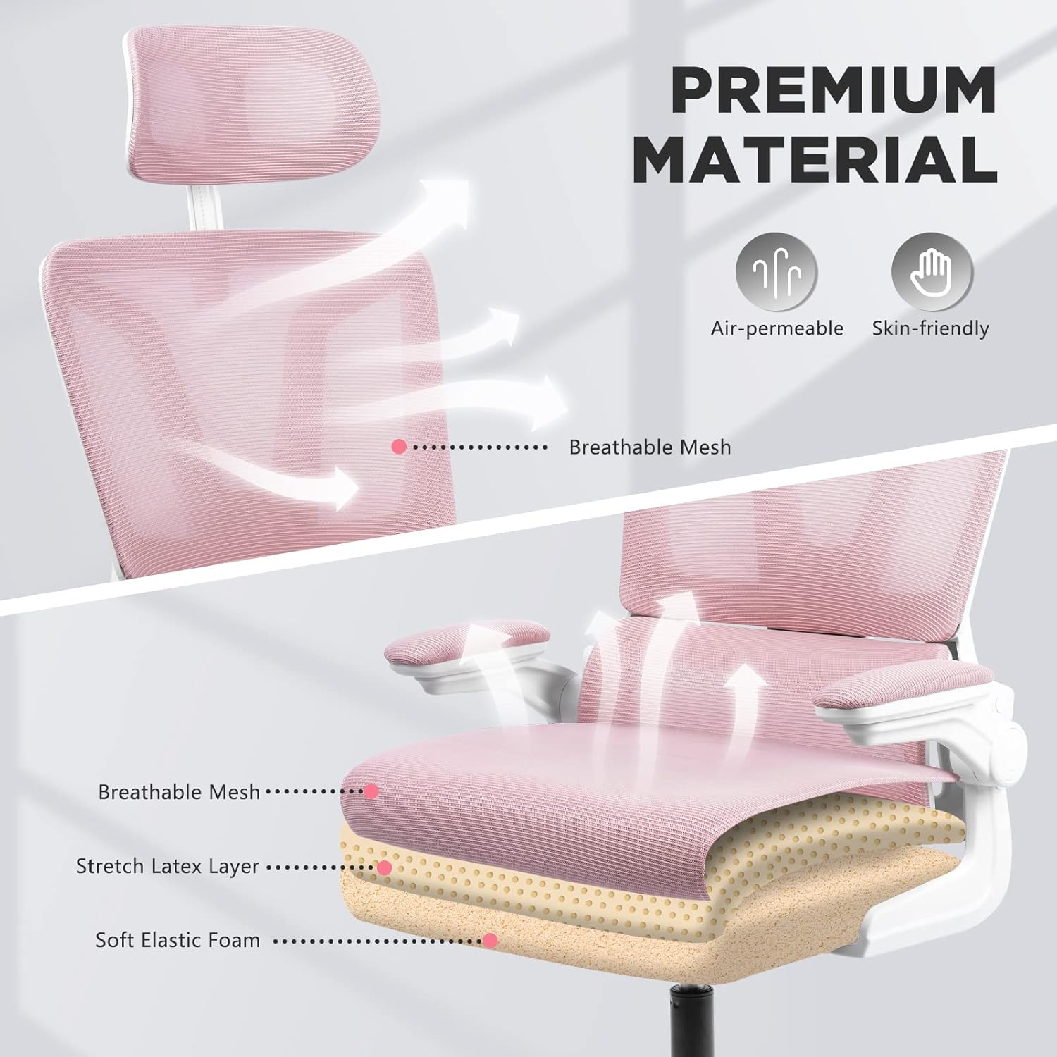 Diagram showing the premium materials of the chair: breathable mesh and soft elastic foam
