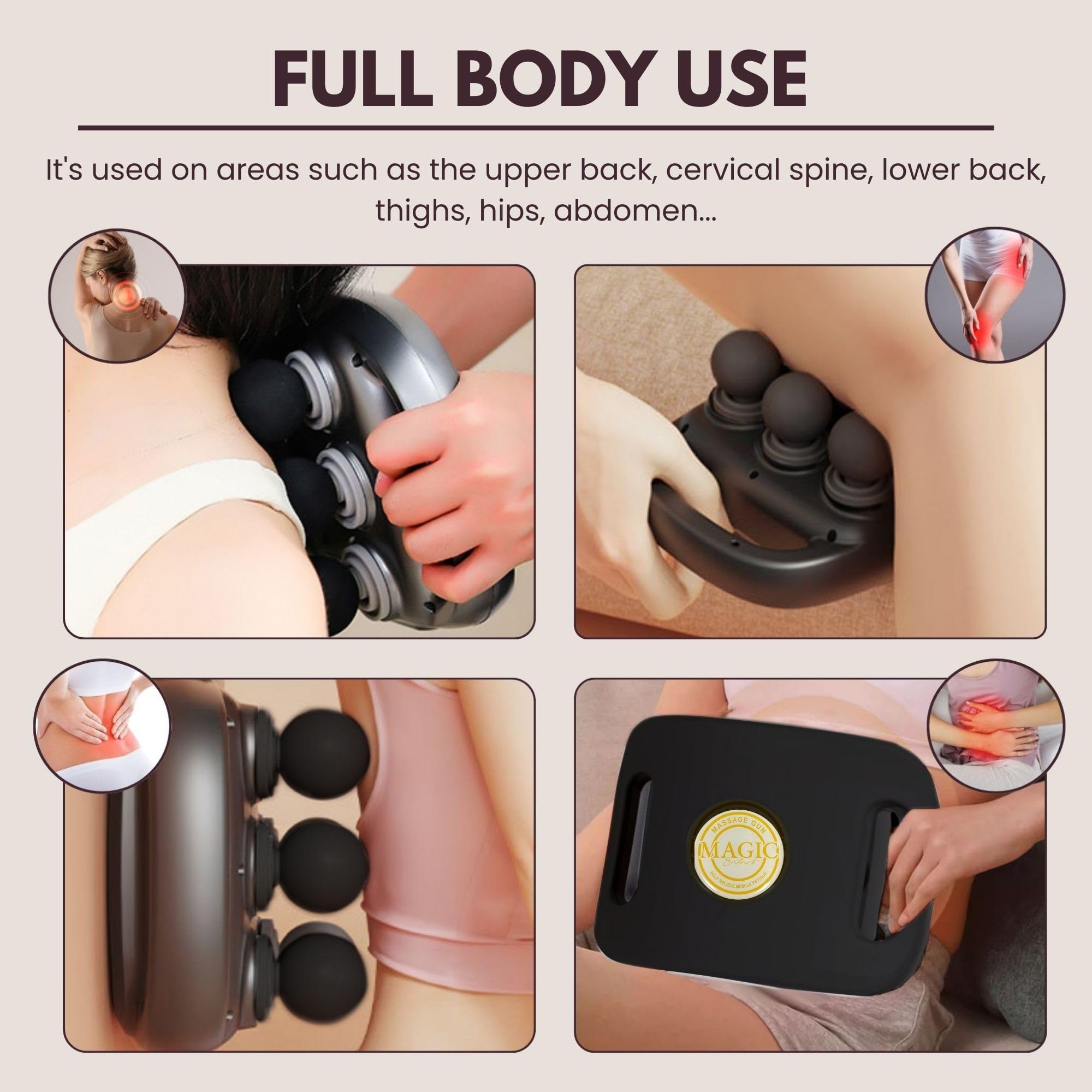 Massaggiatore Elettrico a 6 Testine. Pistola per Massaggio Muscolare con 9 Livelli e 9 Modalità. Cuscino Massaggiante per Schiena, Gambe, Cosce, Addome. Strumento di Massaggio per il Relax.