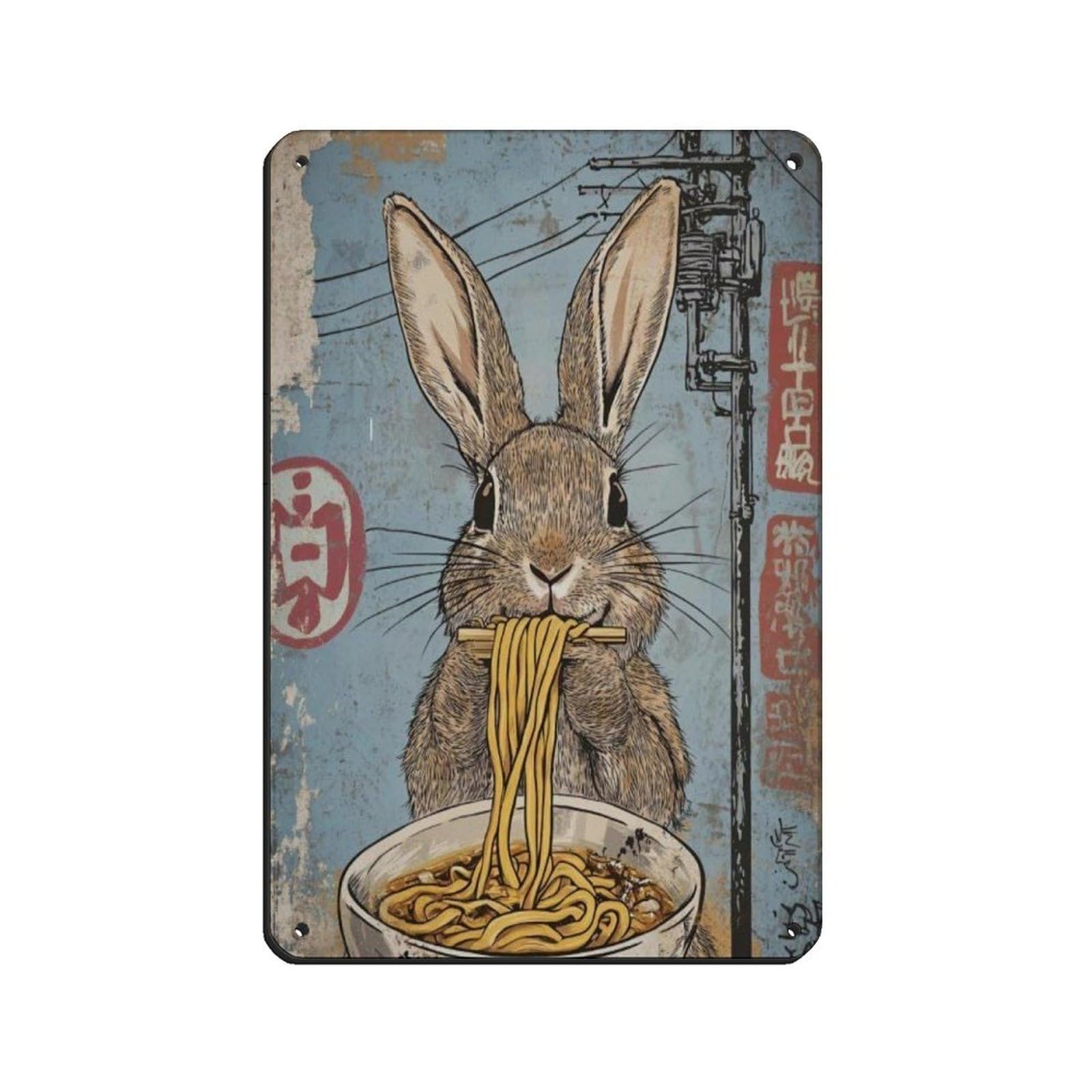 Cute Rabbit Eating Ramen Art Poster, Retro Poster Metal Tin Sign Chic Art Retro Iron Painting Bar People Cave Cafe Family Garage Poster Wall Decoration 8x12inch(20x30cm)