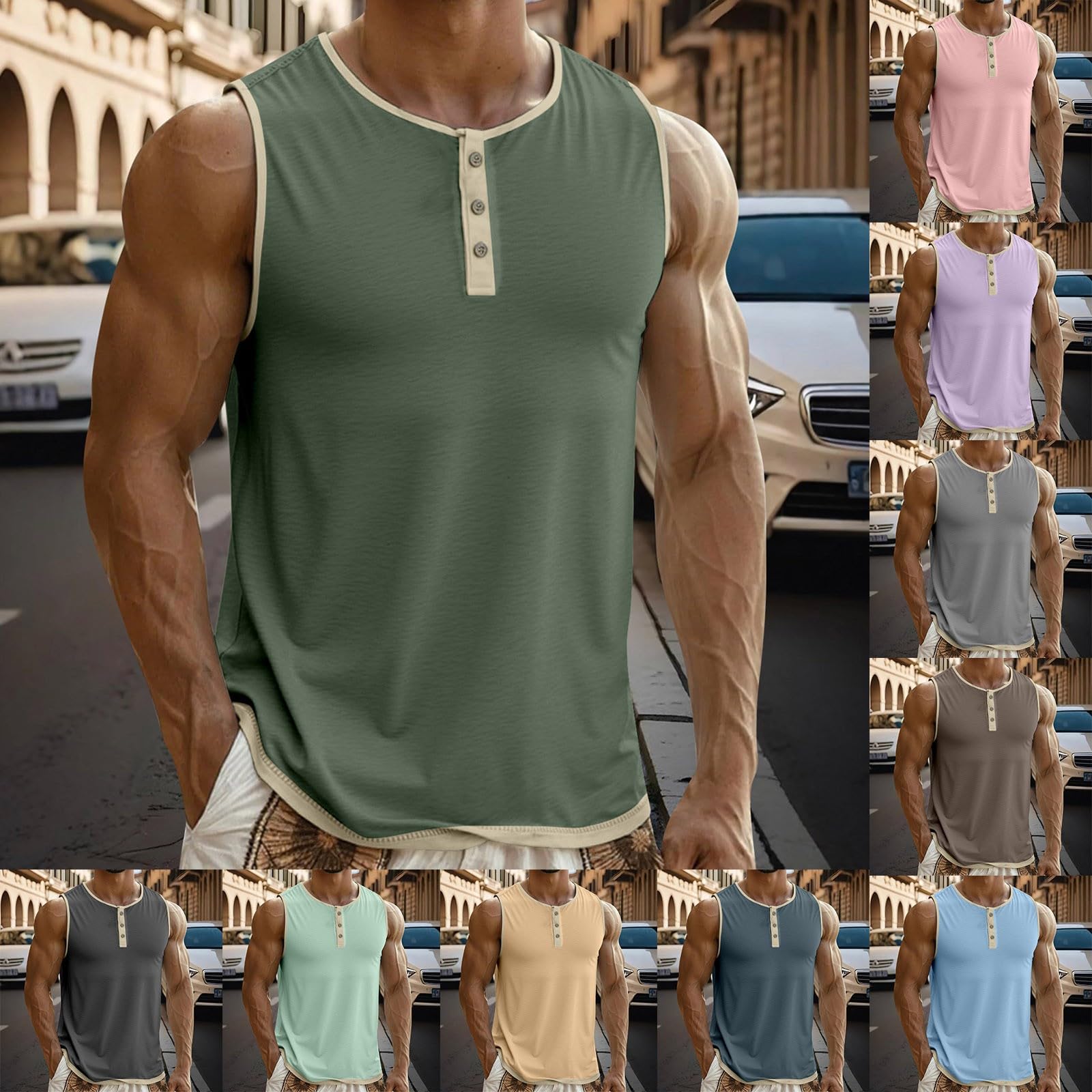Henley - Canottiera da uomo, senza maniche, con bottoni, effetto lino, vintage, in tinta unita, traspirante, basic