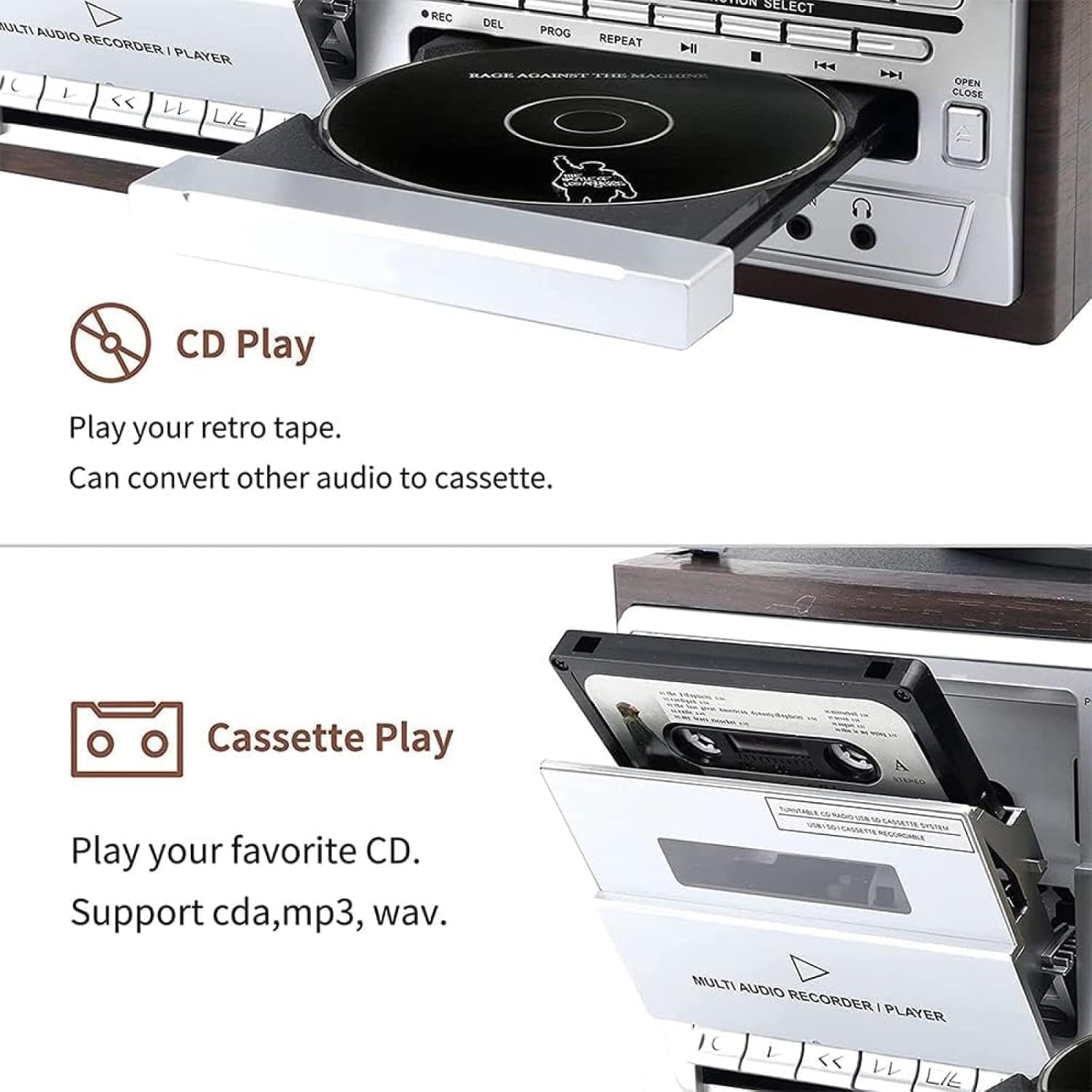 Giradischi Bluetooth 10 in 1 in vinile giradischi, lettore di cassette CD, 33/45/78 giri/min, altoparlanti integrati, pannello di controllo per l'intrattenimento domestico